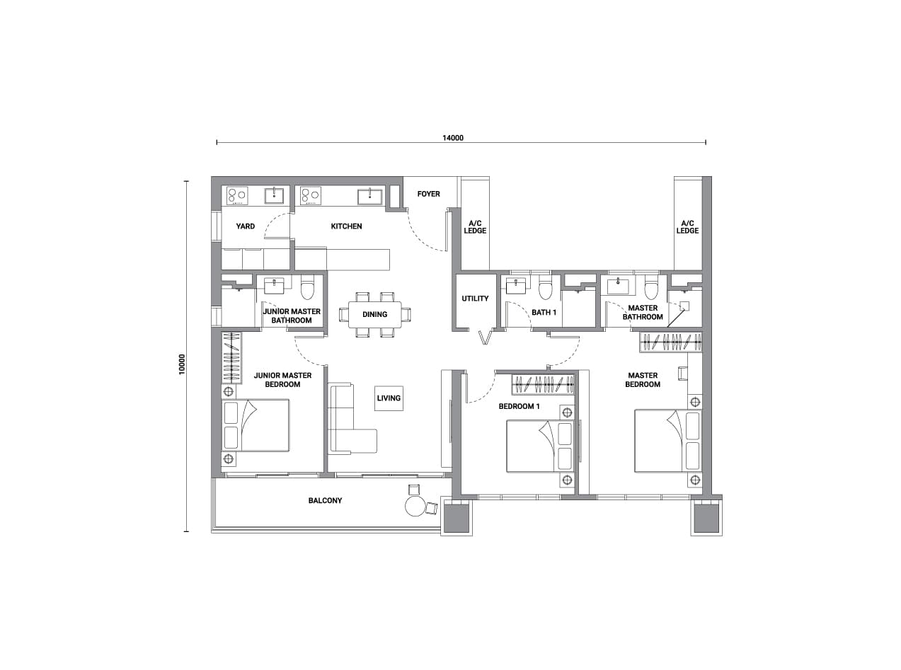 Enlace Suites 2 Type D1 floor plan — 1,227 sq ft, 3 bedrooms · 3 bathrooms