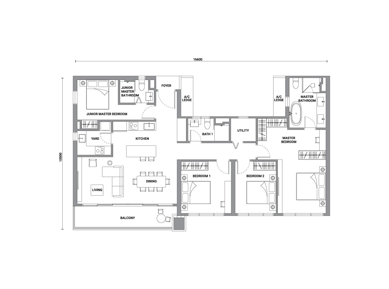 Enlace Suites 2 Type D2 floor plan — 1,485 sq ft, 4 bedrooms · 3 bathrooms