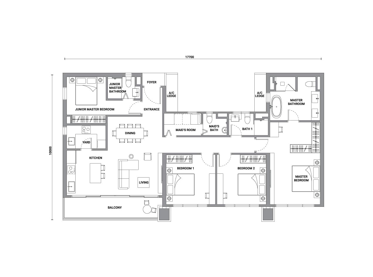 Enlace Suites 2 Type E floor plan — 1,593 sq ft, 4 bedrooms · 4 bathrooms
