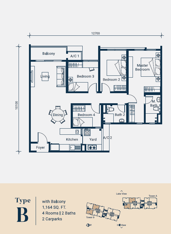 Foresthill Residence — Type B floor plan, 1,164 sq ft