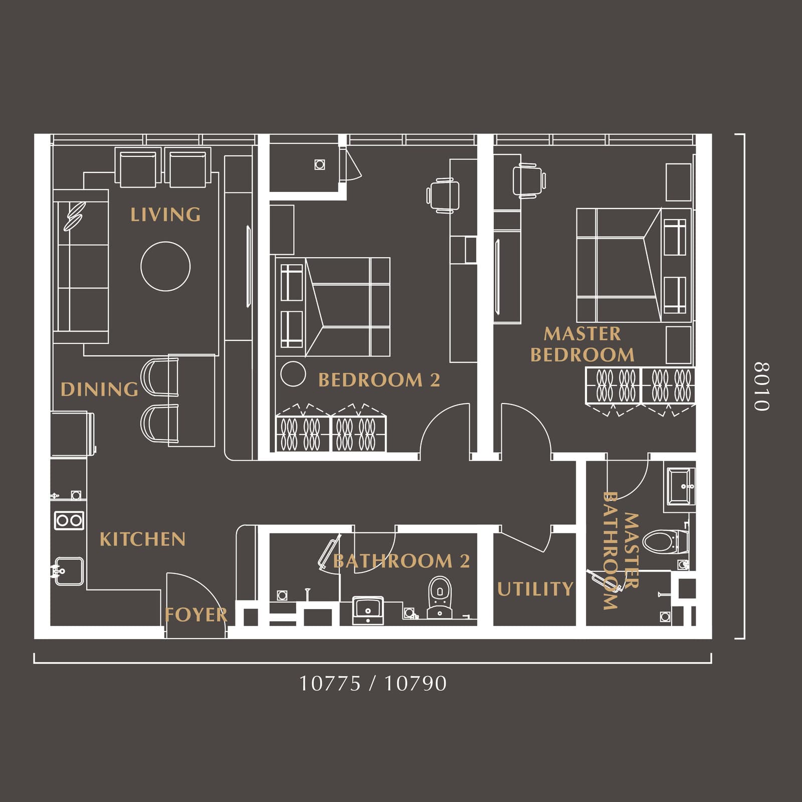 Golden Crown Residence Type B1 / B2 floor plan — 926 sq ft, 2 bedrooms · 2 bathrooms · 1 utility · 1 car park