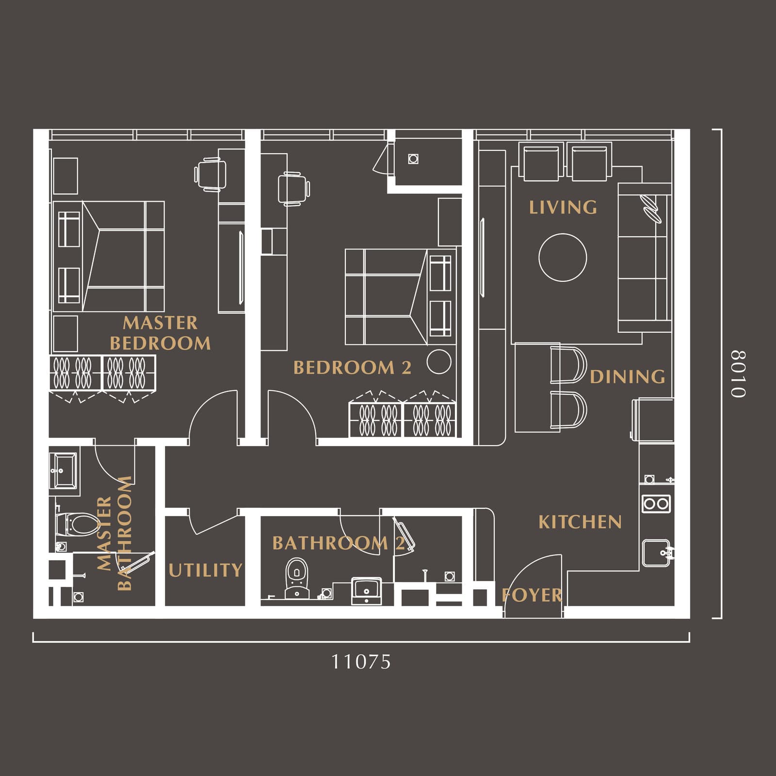 Golden Crown Residence Type B3 floor plan — 958 sq ft, 2 bedrooms · 2 bathrooms · 1 utility · 1 car park