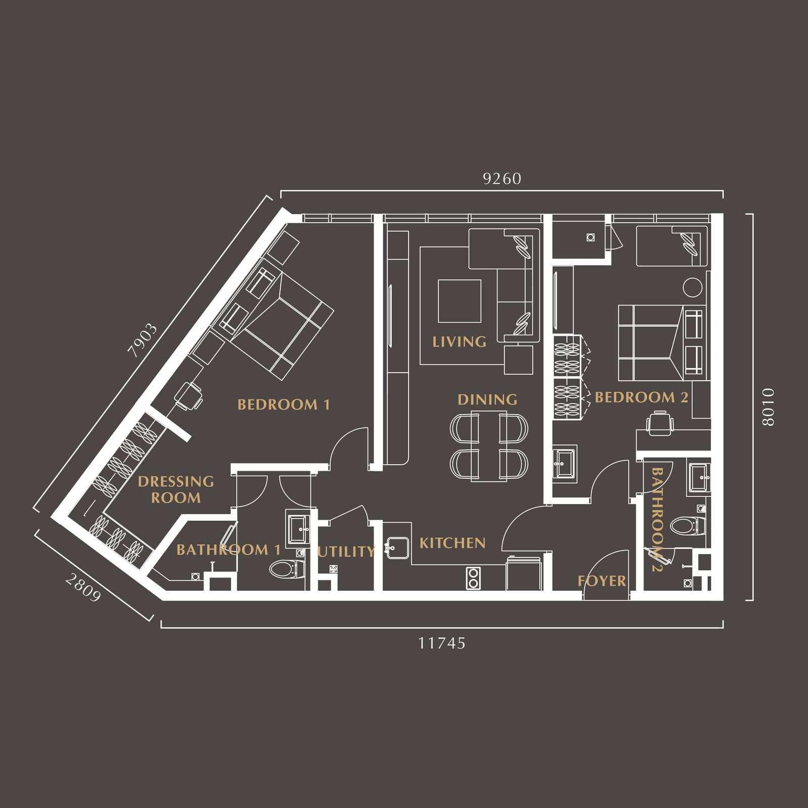 Golden Crown Residence Type C floor plan — 1,023 sq ft, Dual key · 2 bedrooms · 2 bathrooms · 1 utility · 1 car park