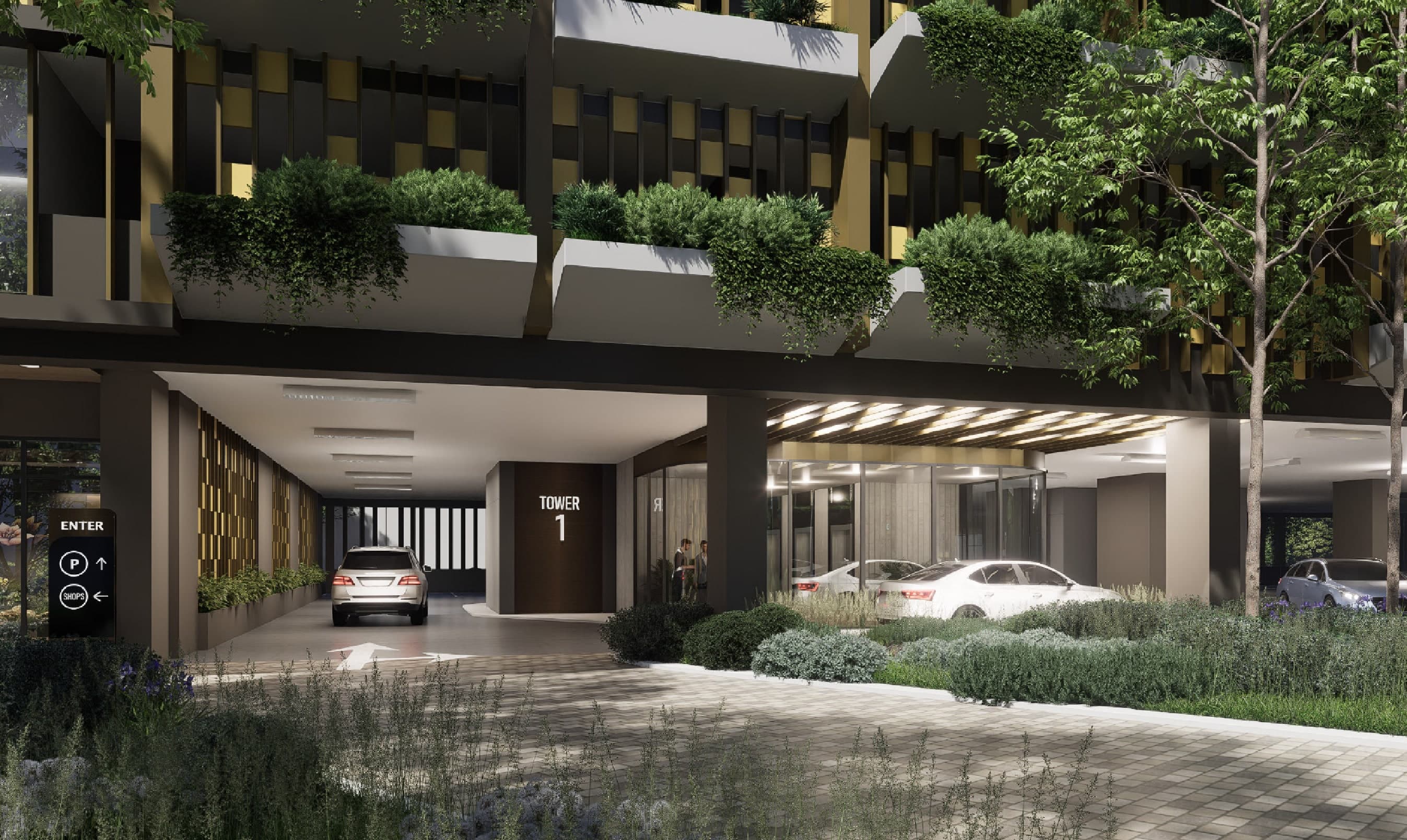 The covered drop-off and Tower 1 lobby at Block A