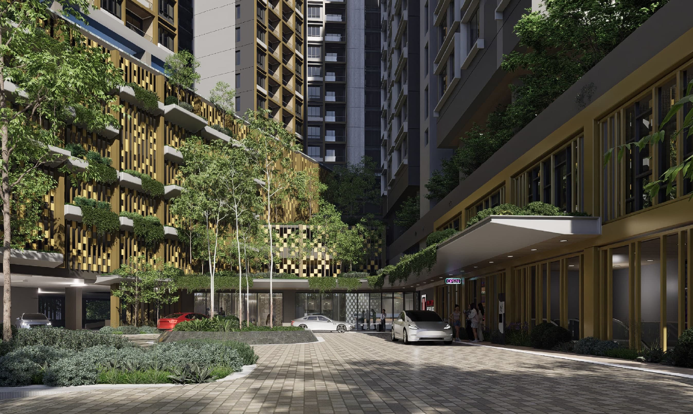 The Block C drop-off, with the retail colonnade alongside