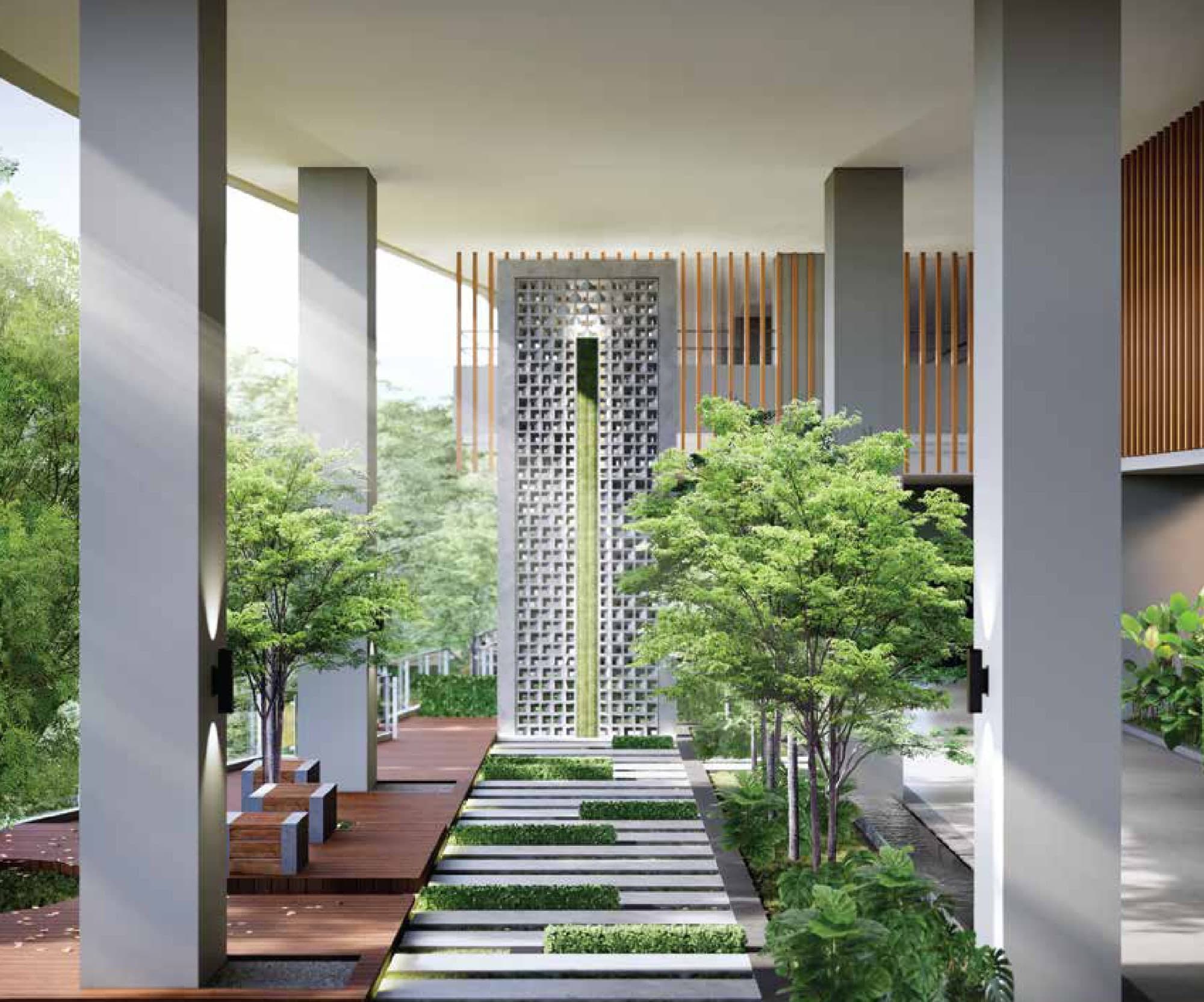 One of the garden alcoves off the lobby at Laurel Residence