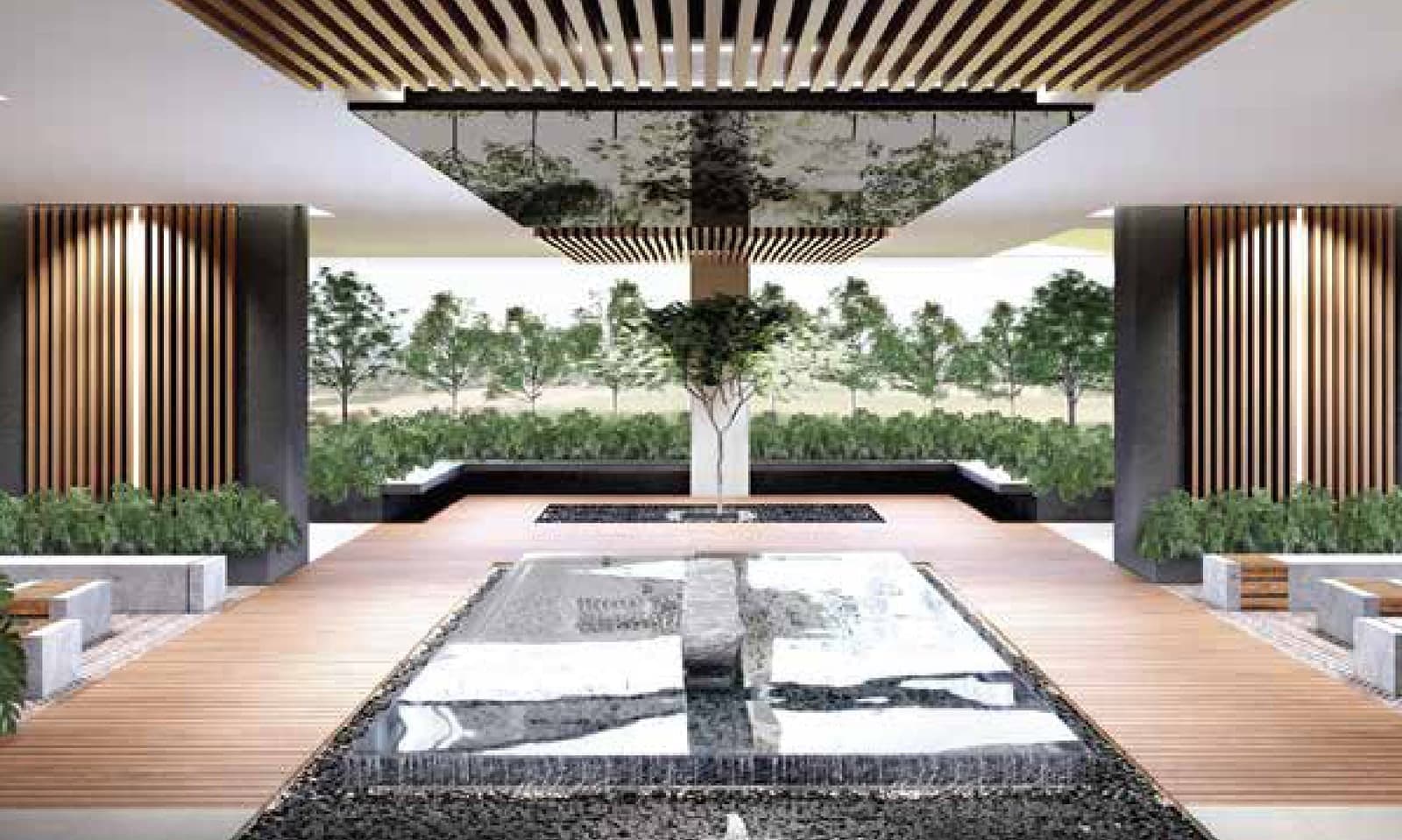 The Grand Lobby and its water feature at Laurel Residence