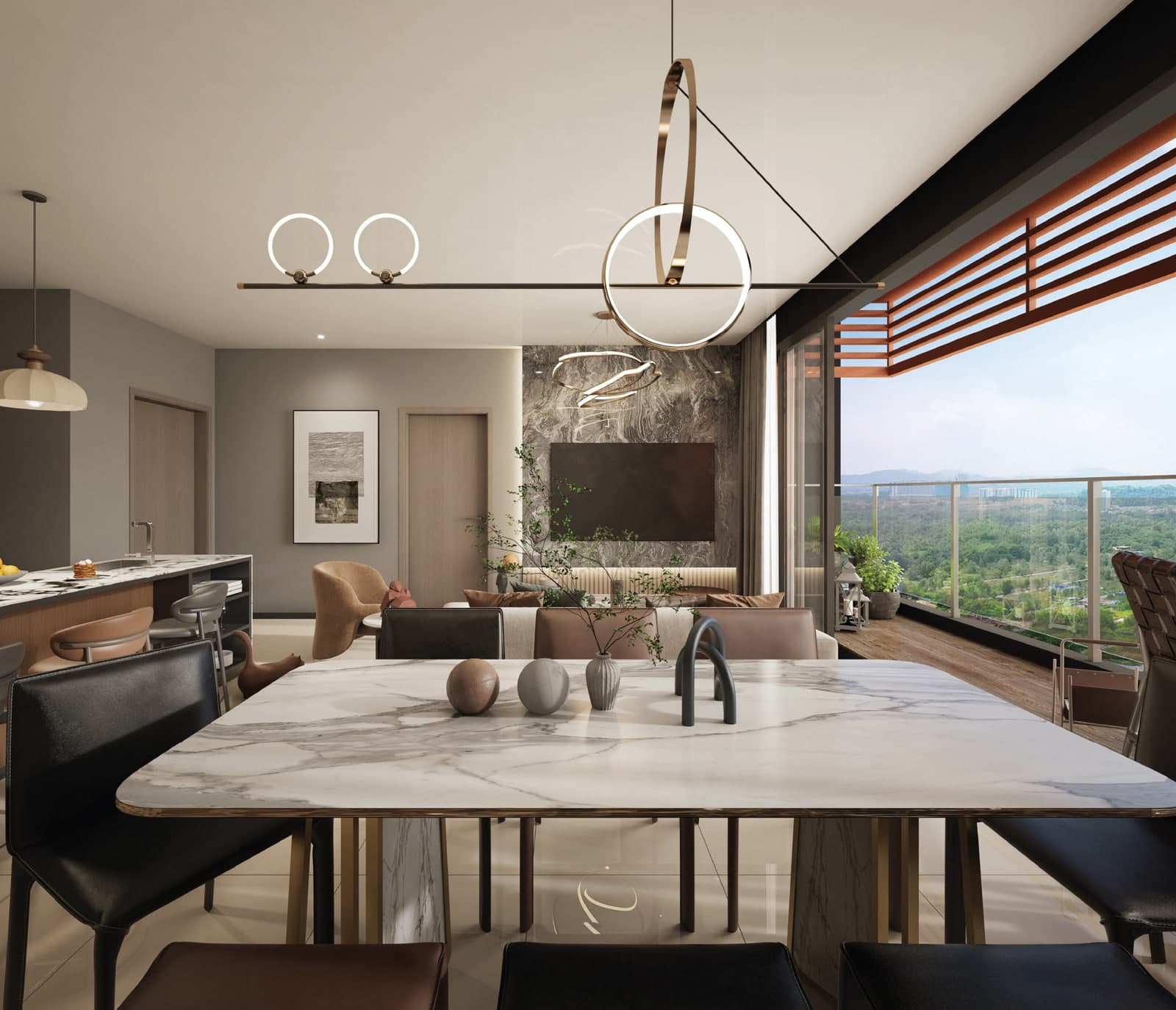 Laverra show unit dining area, with the balcony beyond