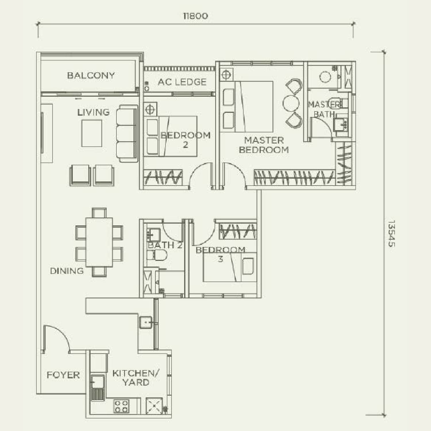 Linari Kwasa Damansara Type D floor plan — 1,168 sq ft, 3 bedrooms · 2 bathrooms · balcony · 2 car park bays
