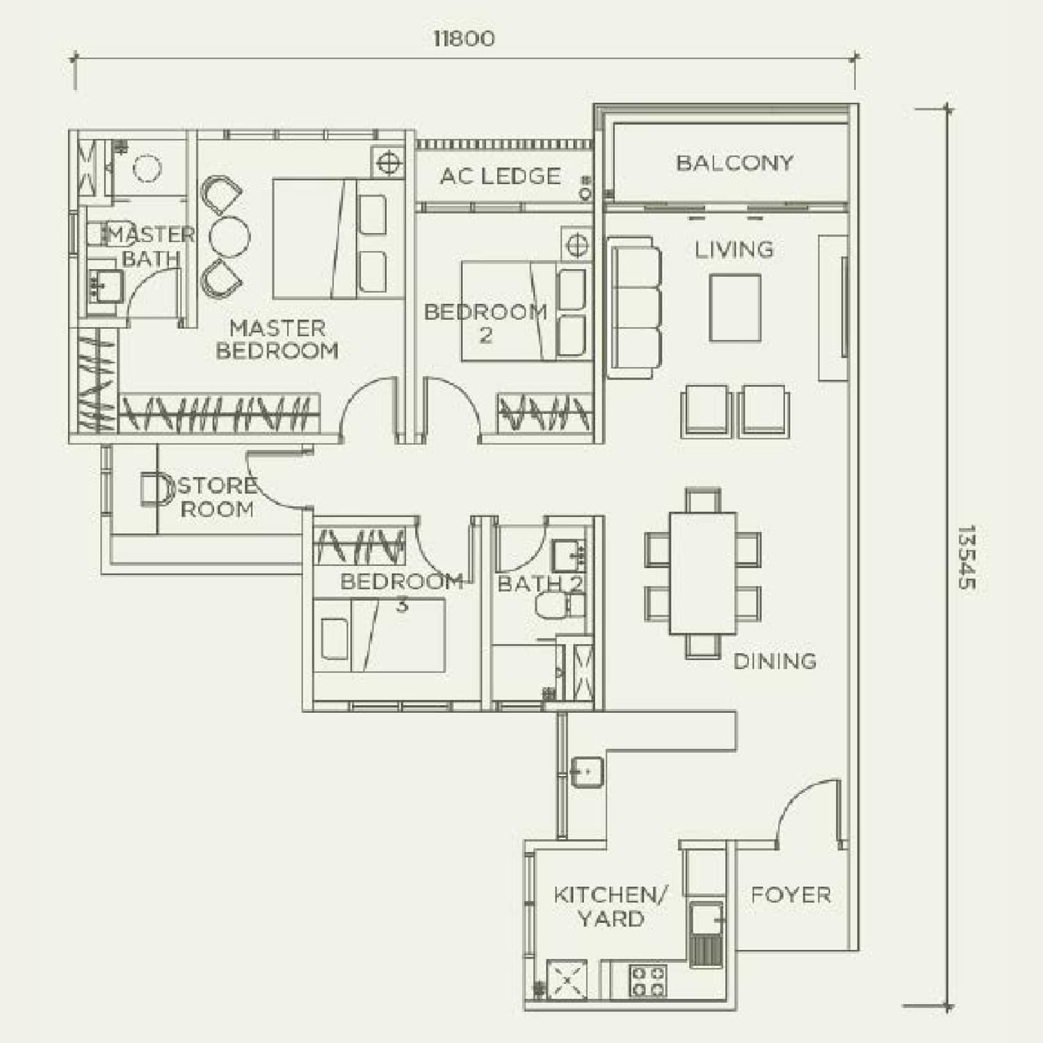 Linari Kwasa Damansara Type D1 floor plan — 1,230 sq ft, 3+1 bedrooms · 2 bathrooms · store room · balcony · 2 car park bays