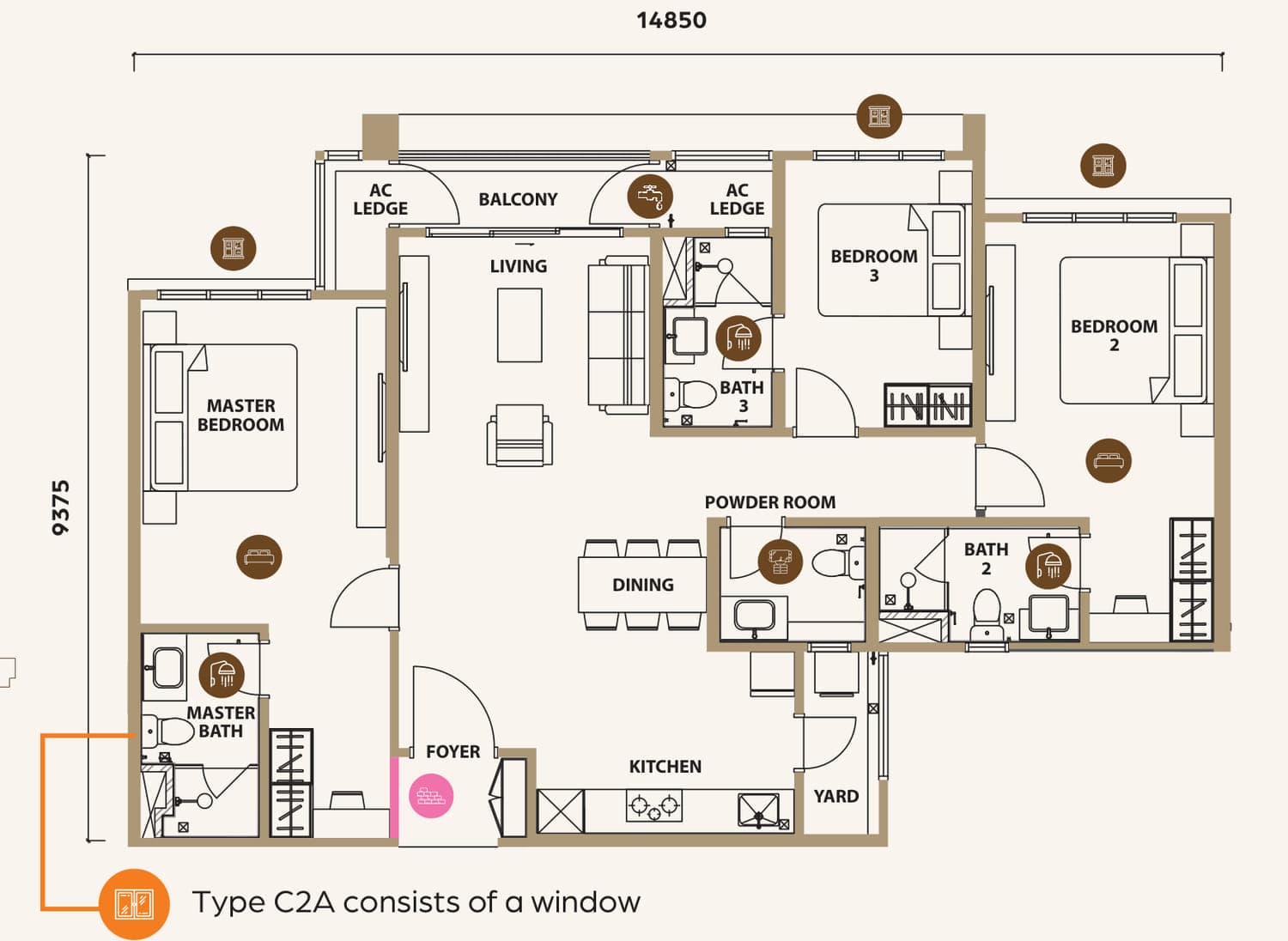Lunar Seputeh Type C2 / C2A floor plan — 1,280 sq ft, 3 bedrooms · 3 bathrooms + powder room