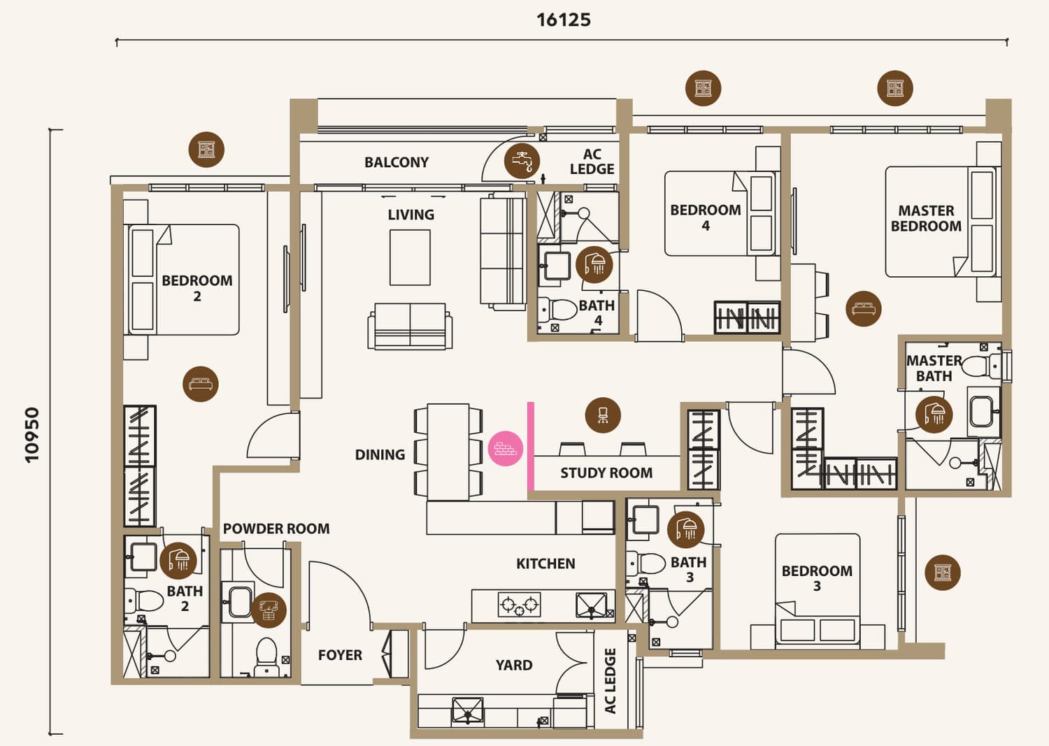 Lunar Seputeh Type D floor plan — 1,646 sq ft, 4+1 bedrooms · 4 bathrooms + powder room