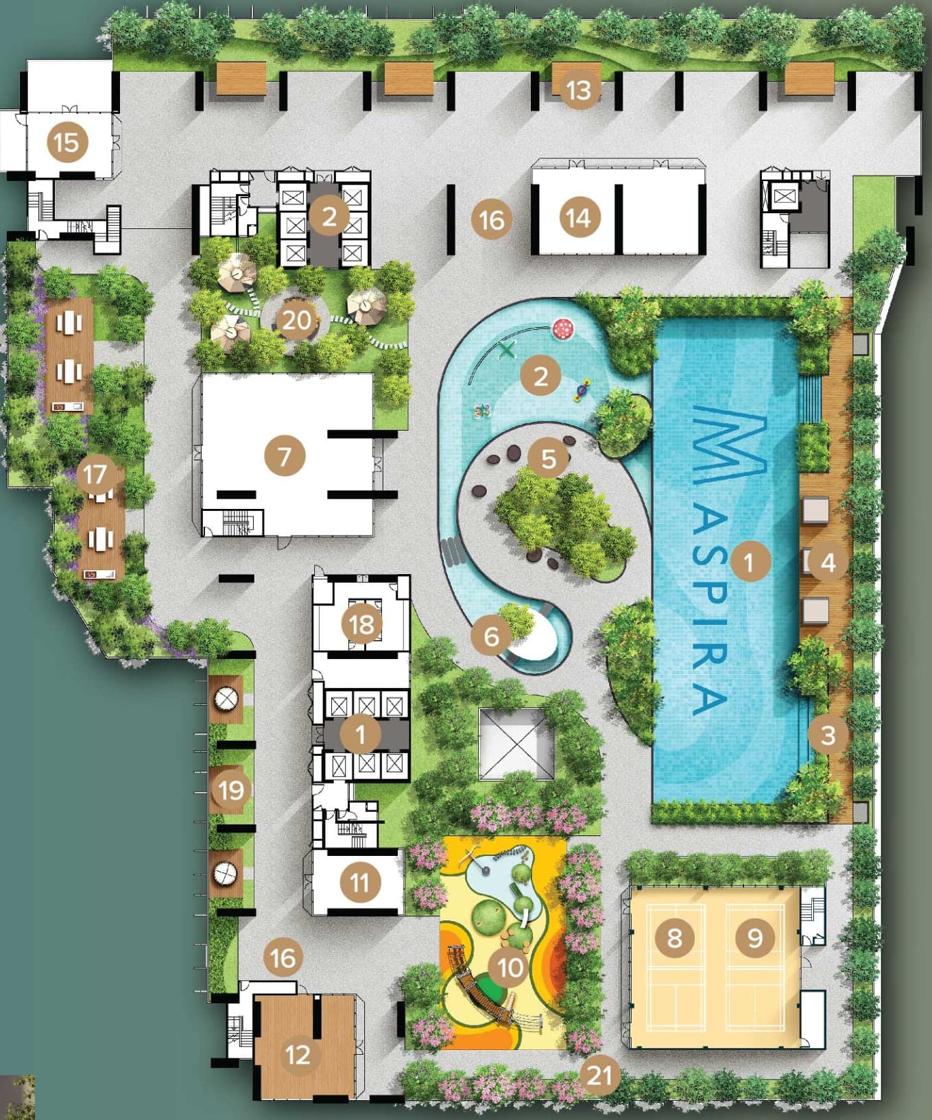 The Level 13 facilities key plan at M Aspira, with all twenty-one facilities numbered