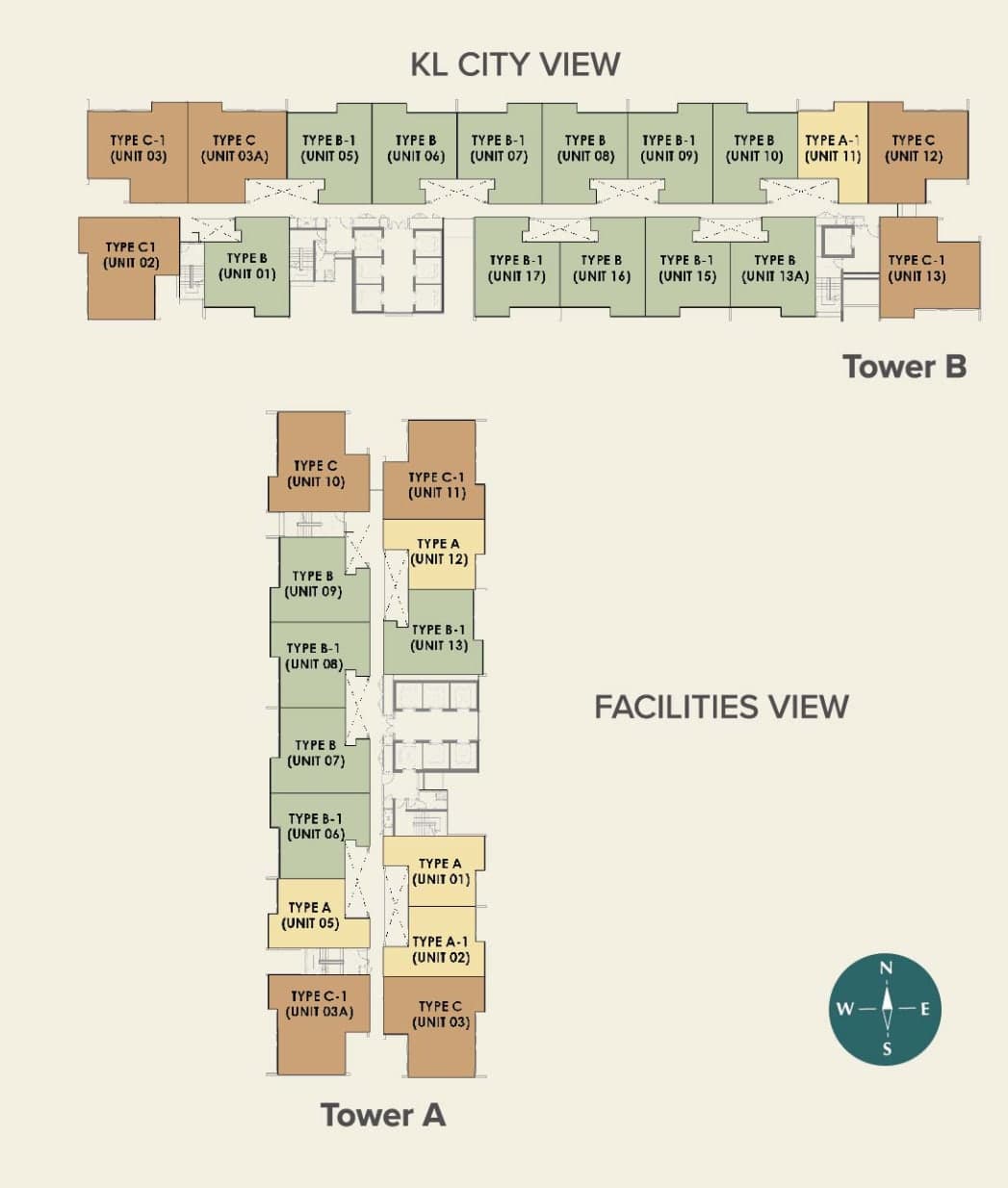 Key plan for M Aspira — Tower A and Tower B, with Type A, B and C units marked on a typical floor