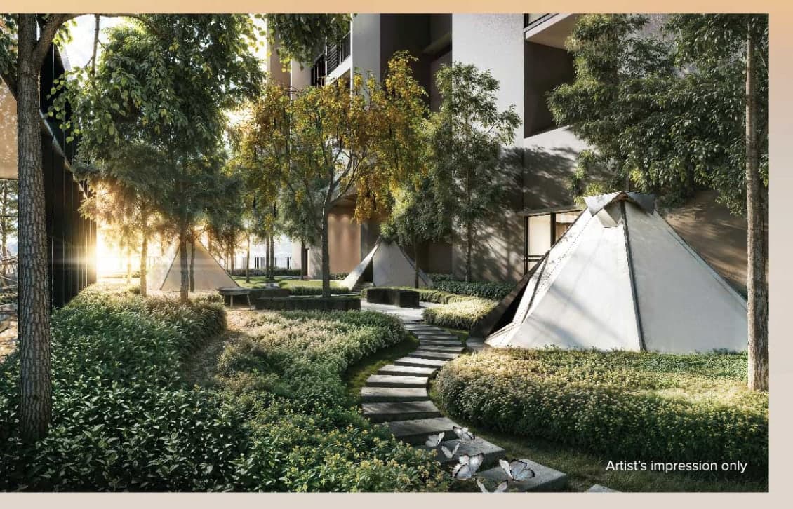 The glamping area at M Aspira, set among mature planting on the podium deck