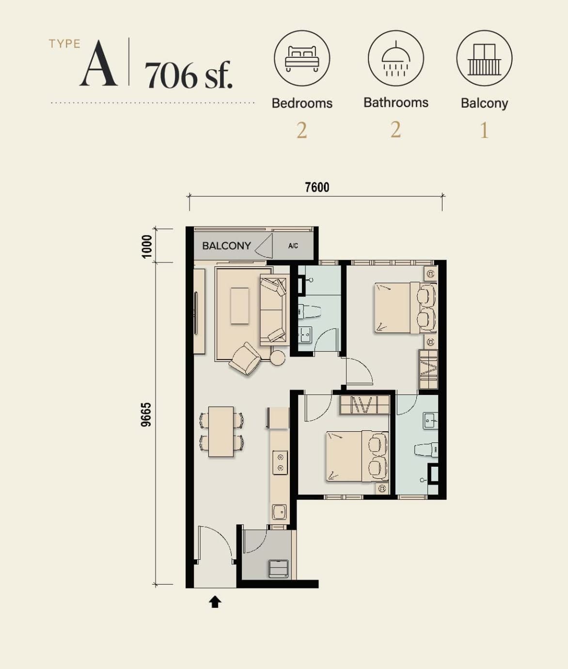 M Aspira Type A floor plan — 706 sq ft, 2 bedrooms · 2 bathrooms
