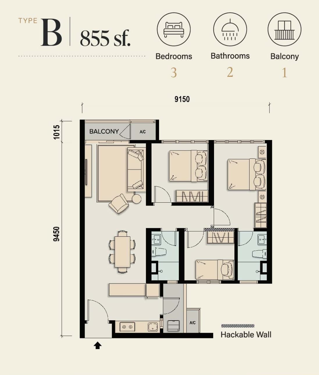M Aspira Type B floor plan — 855 sq ft, 3 bedrooms · 2 bathrooms