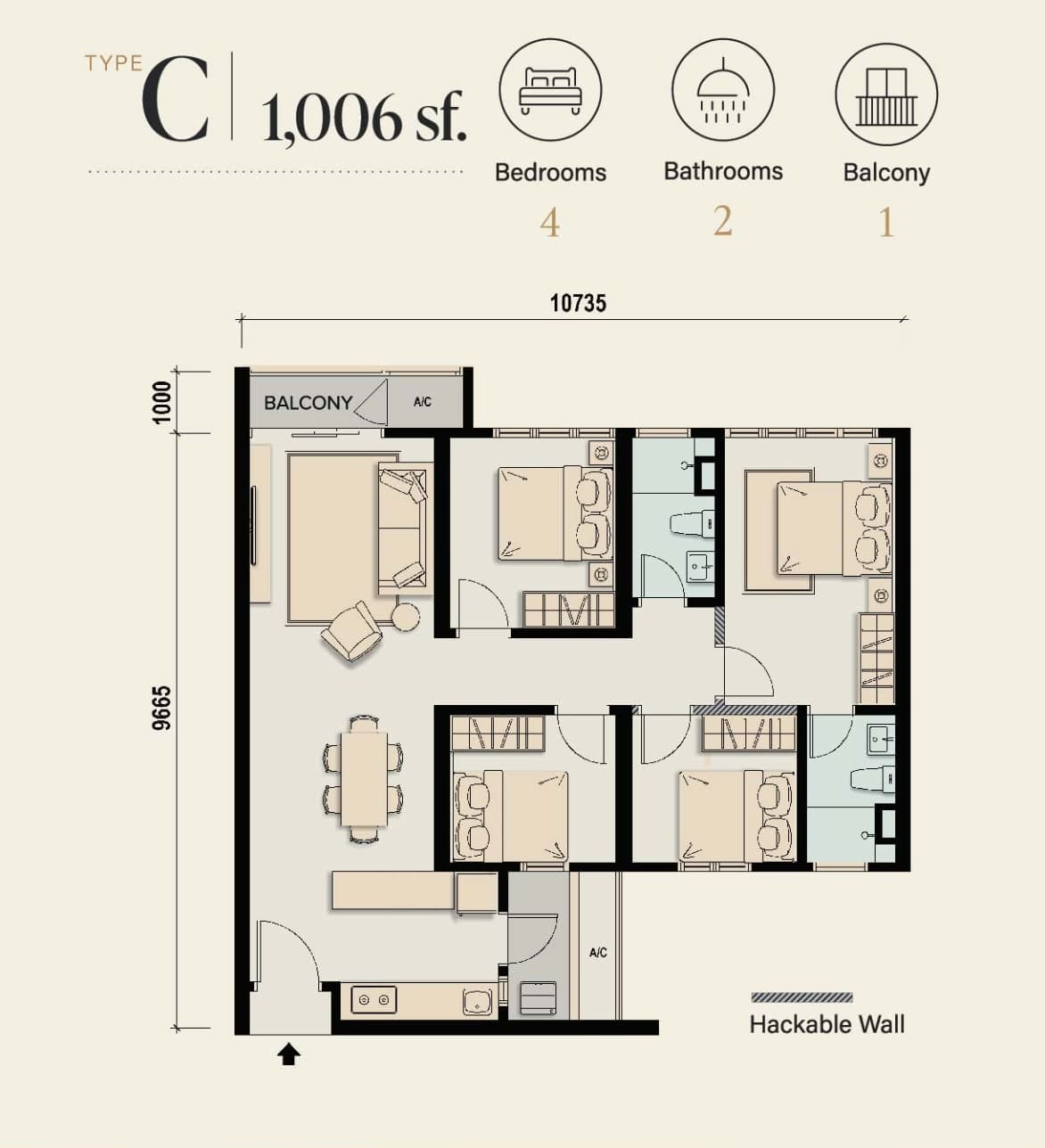 M Aspira Type C floor plan — 1,006 sq ft, 4 bedrooms · 2 bathrooms