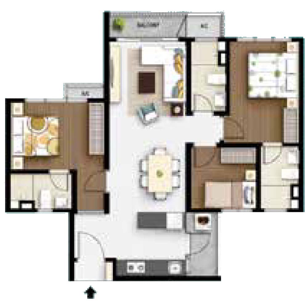 M Aurora Type D floor plan — 916 sq ft, 3 bedrooms · 3 bathrooms