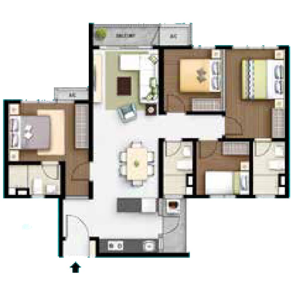 M Aurora Type E floor plan — 1,019 sq ft, 4 bedrooms · 3 bathrooms