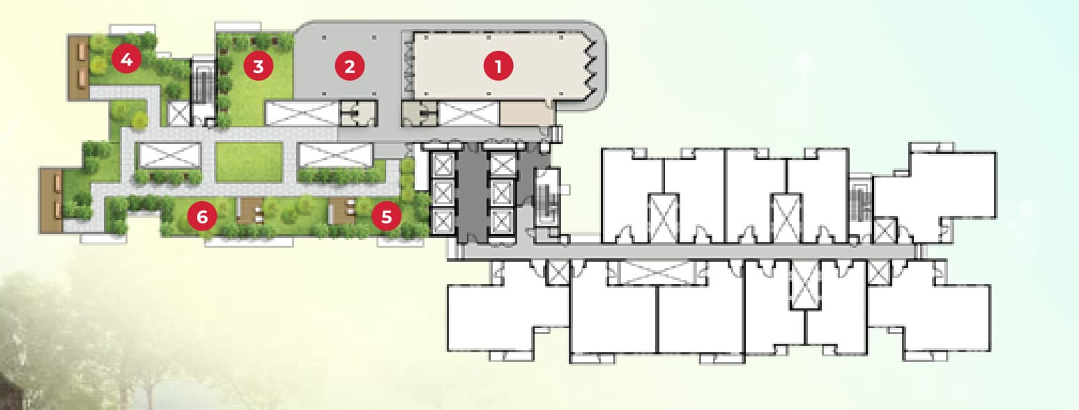 M Aurora Sky Garden key plan — the function space and pre-function room over the lift core, with the function lawn, sky view lawn, seating corner and pot garden running west