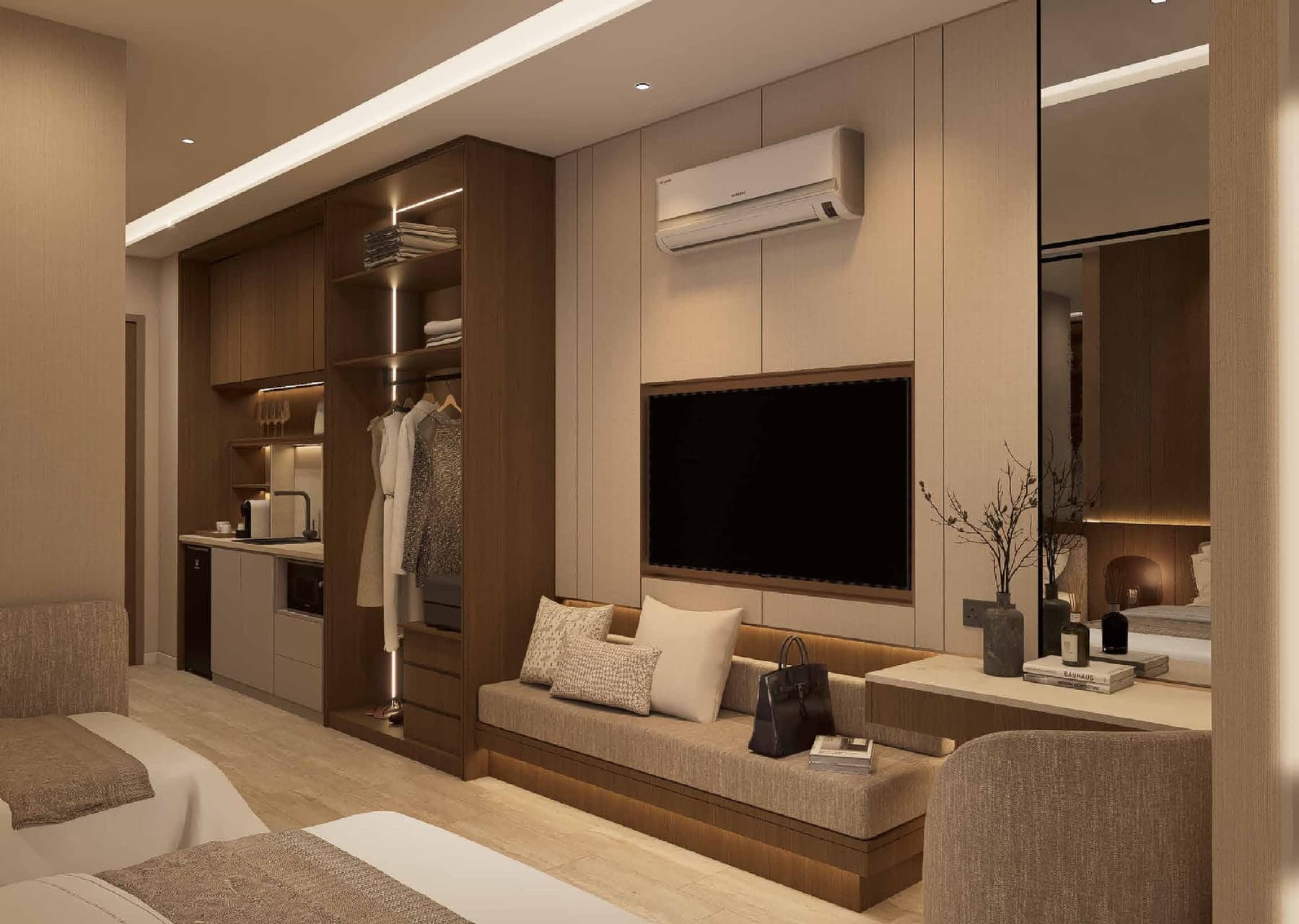 Type A — the wardrobe wall, desk and television in one room, MABA Suitez @ KL City Centre, artist's impression
