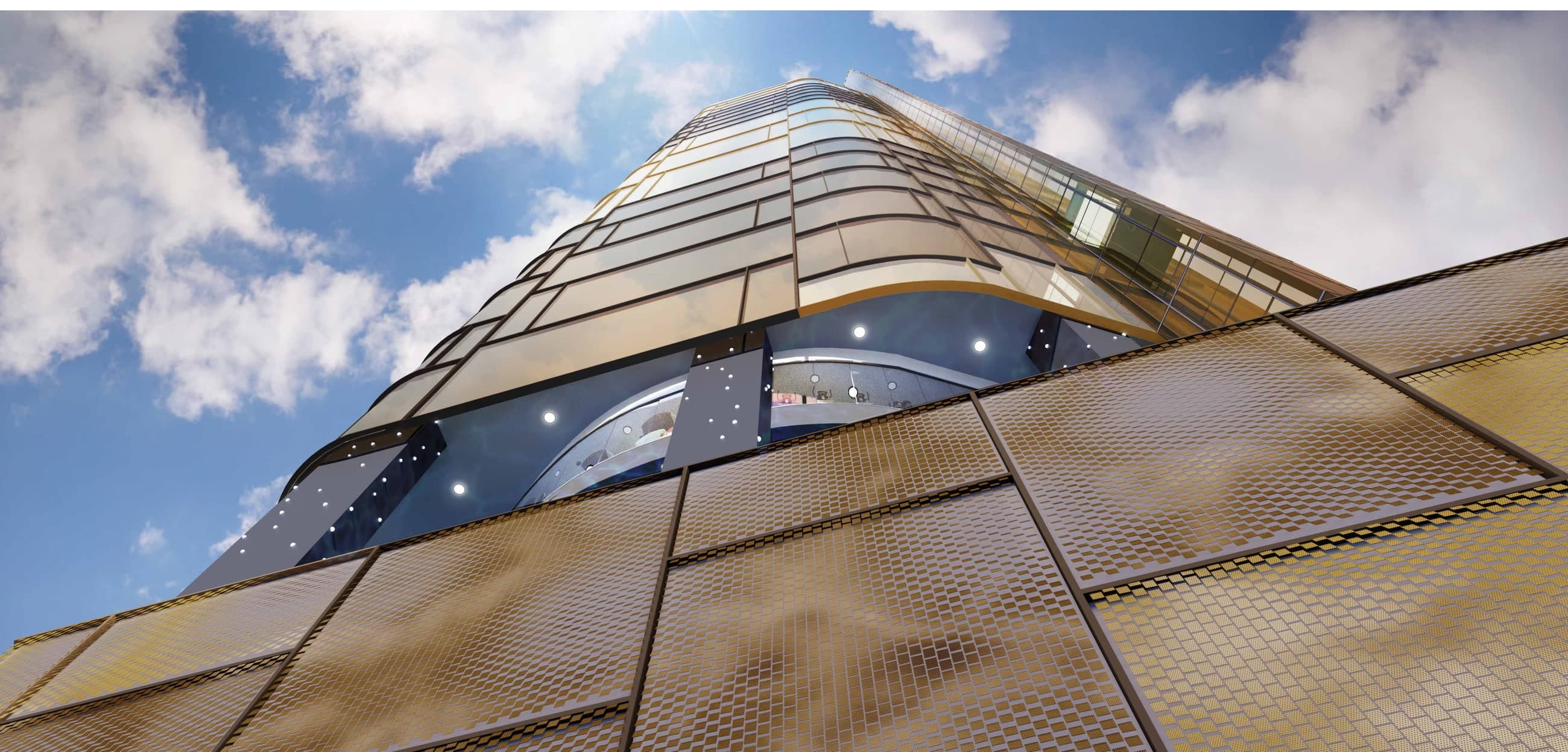 Orion Residence façade seen from below — the gold moiré-effect mesh cladding wrapping the tower, cut open at the double-volume clubhouse floors