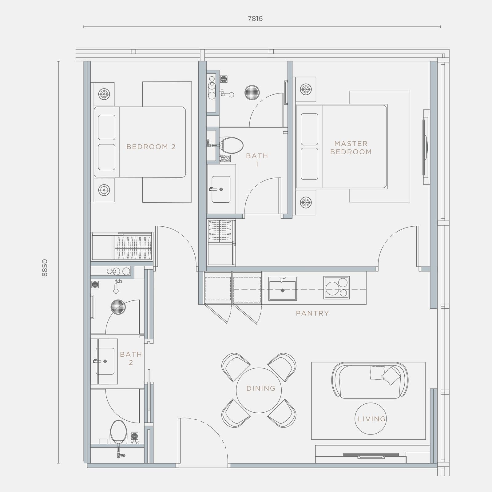Orion Residence Type B2 2 Bedrooms floor plan — 746 sq ft, 2 bedrooms · 2 bathrooms