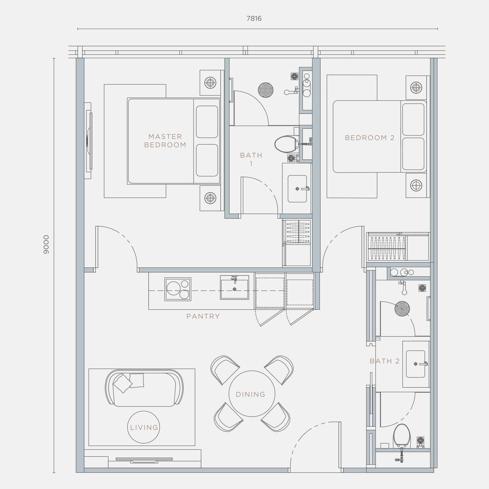 Orion Residence Type B3 2 Bedrooms floor plan — 746 sq ft, 2 bedrooms · 2 bathrooms