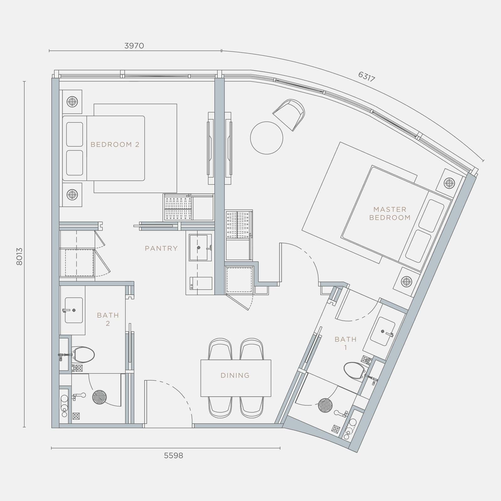 Orion Residence Type B4 2 Bedrooms floor plan — 708 sq ft, 2 bedrooms · 2 bathrooms