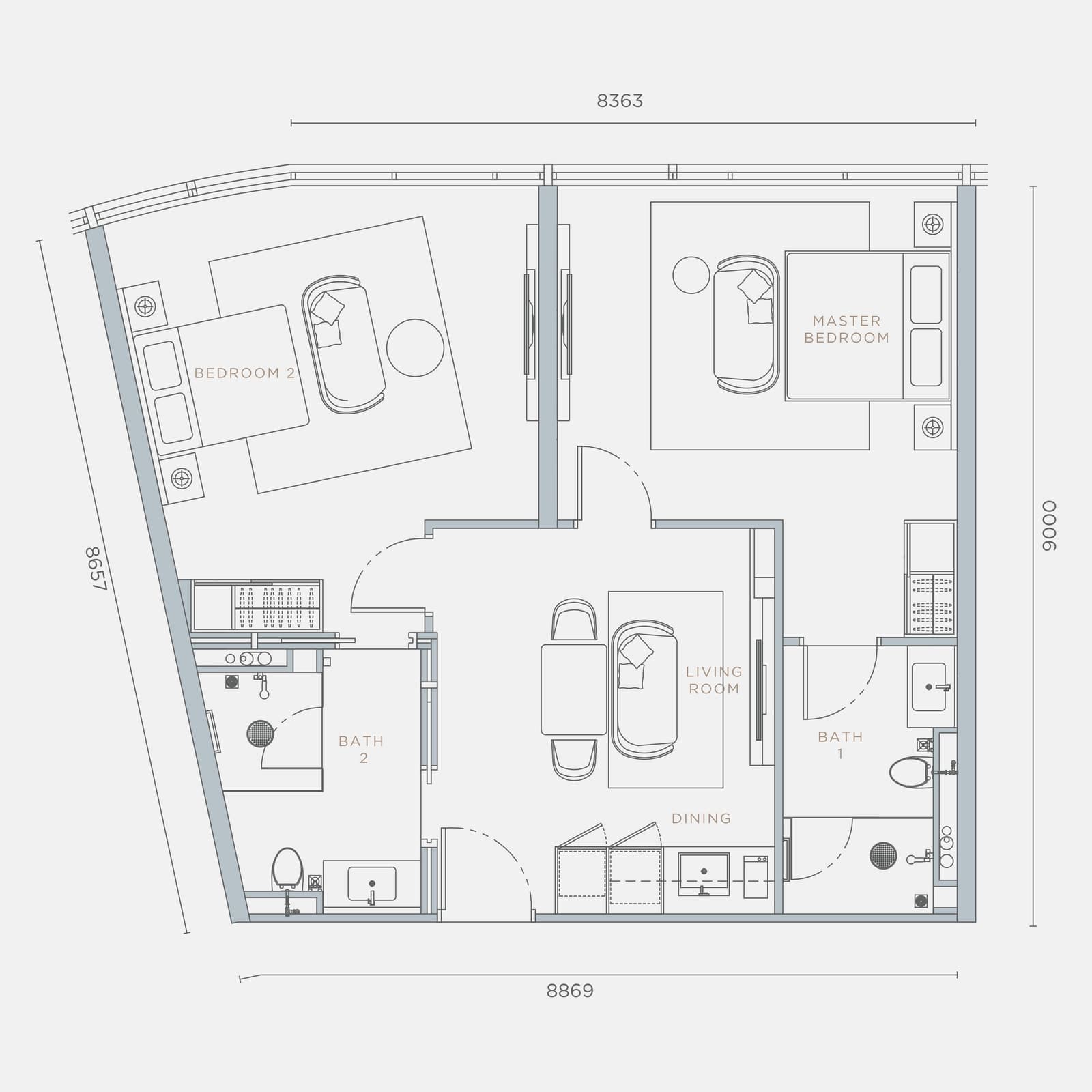 Orion Residence Type C2 2 Bedrooms · Corner floor plan — 945 sq ft, 2 bedrooms · 2 bathrooms