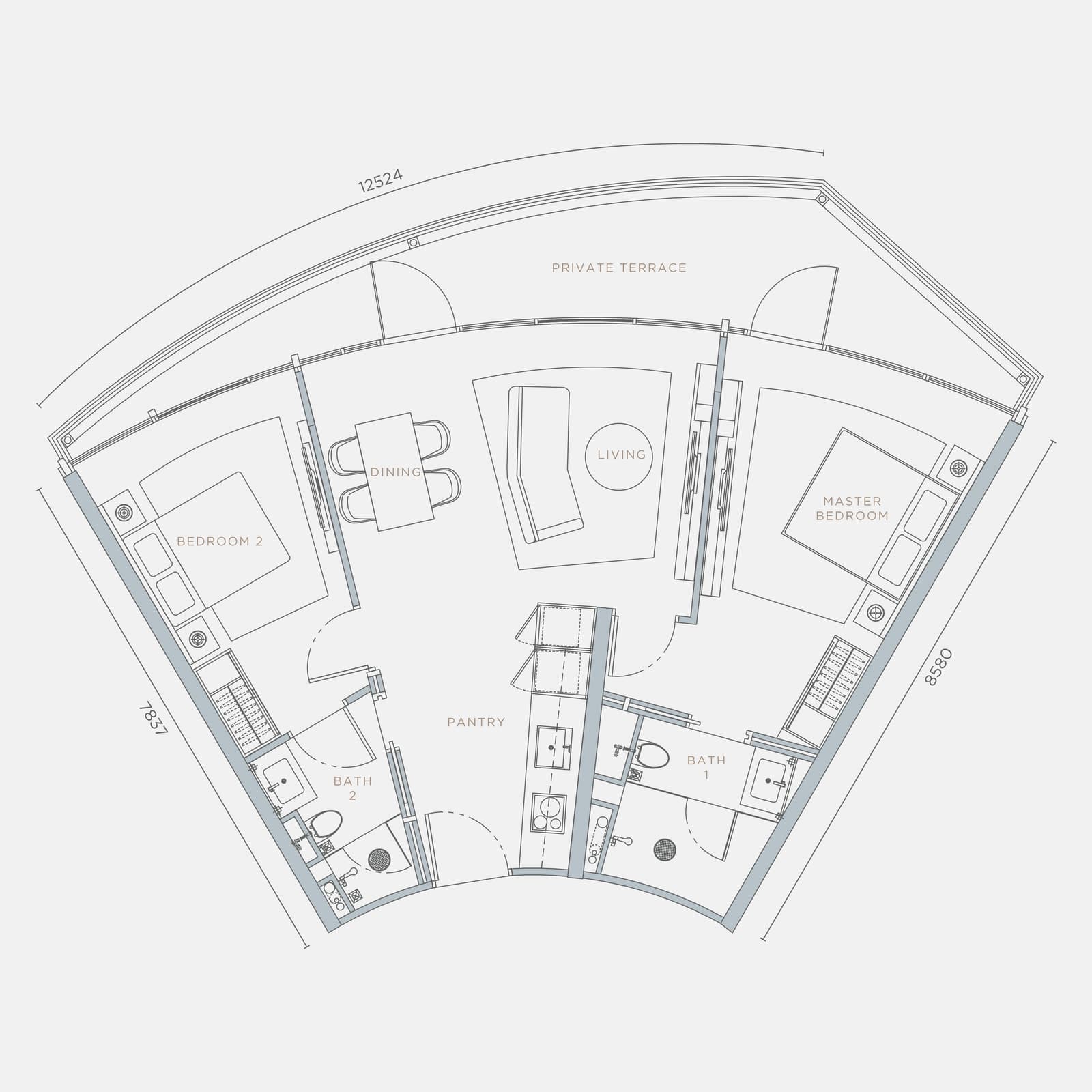 Orion Residence Type C3-T 2 Bedrooms + Private Terrace floor plan — 1,155 sq ft, 2 bedrooms · 2 bathrooms · private terrace