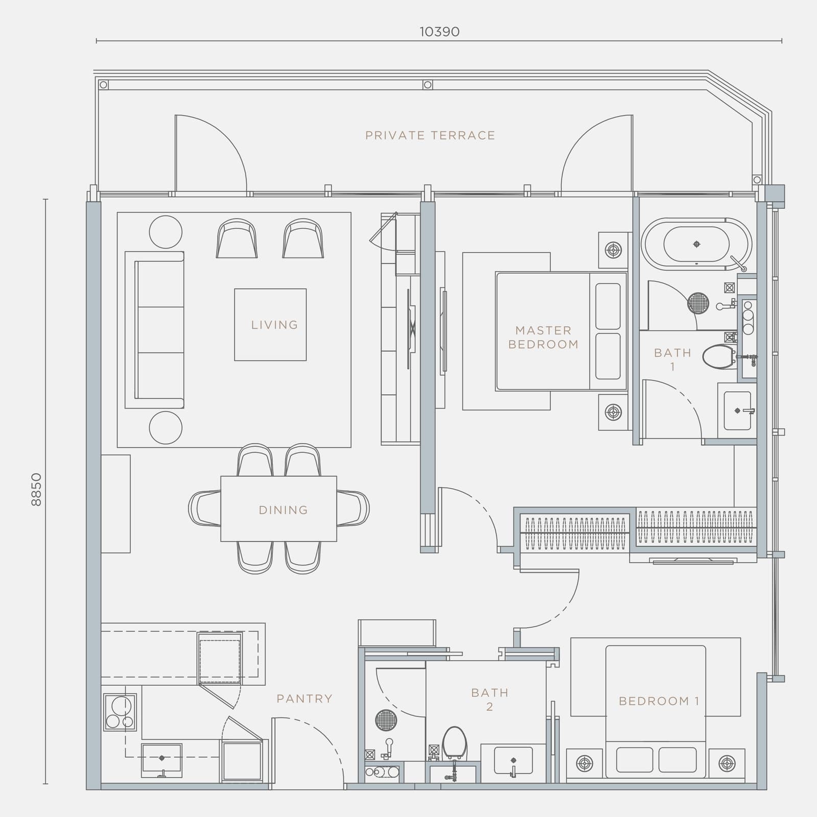 Orion Residence Type C4-T 2 Bedrooms + Private Terrace floor plan — 1,186 sq ft, 2 bedrooms · 2 bathrooms · private terrace
