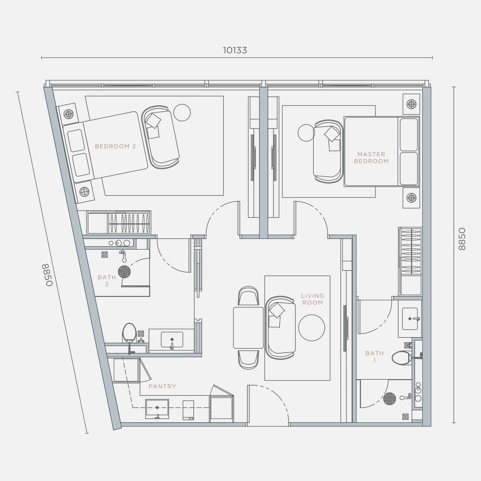 Orion Residence Type C5 2 Bedrooms floor plan — 886 sq ft, 2 bedrooms · 2 bathrooms
