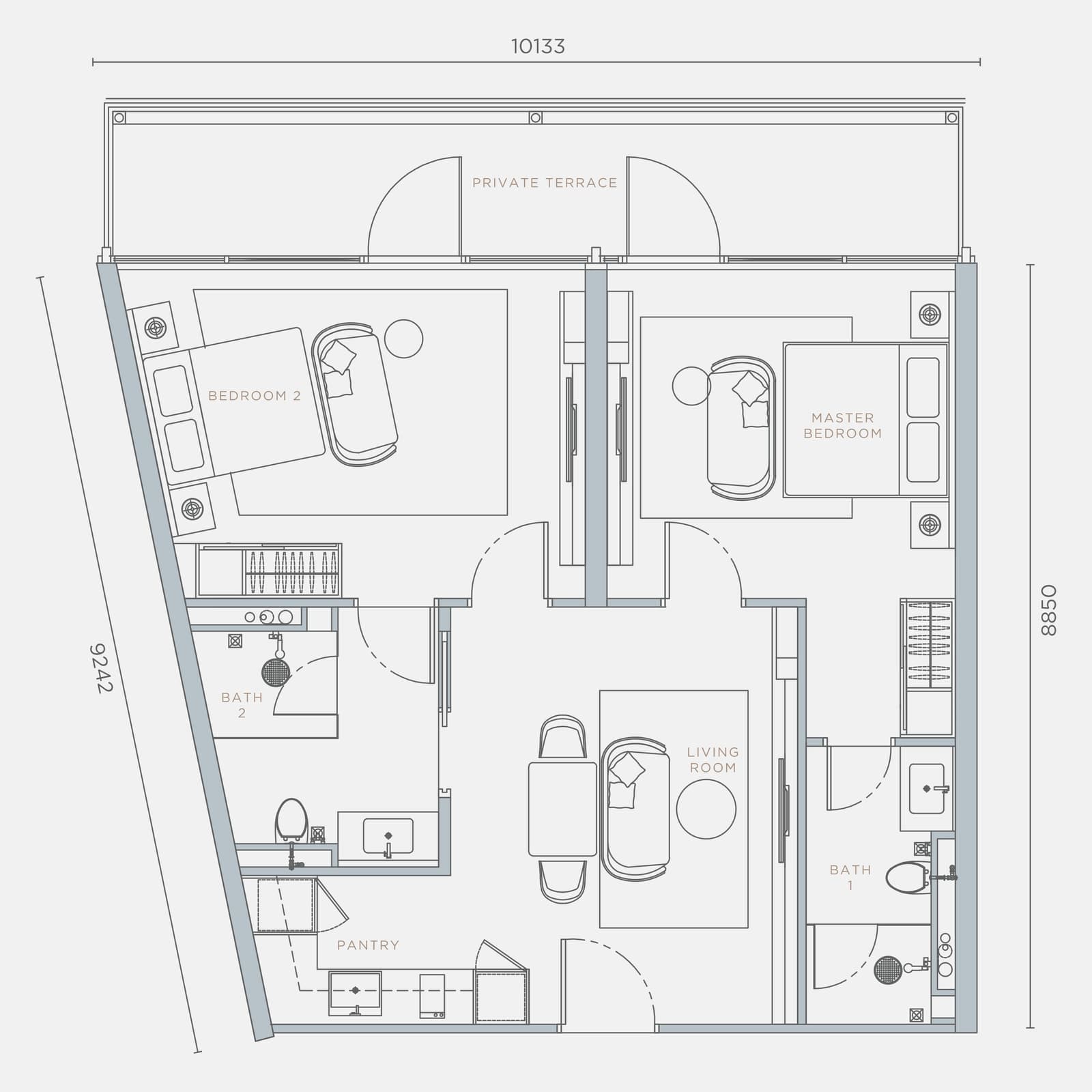 Orion Residence Type C5-T 2 Bedrooms + Private Terrace floor plan — 1,077 sq ft, 2 bedrooms · 2 bathrooms · private terrace