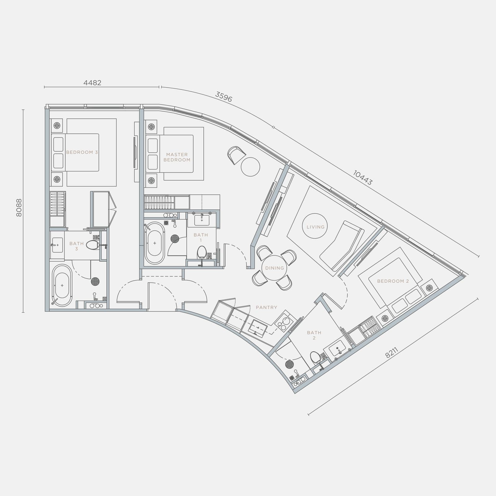 Orion Residence Type D1 3 Bedrooms · Dual Key floor plan — 1,180 sq ft, 3 bedrooms · 3 bathrooms · dual key