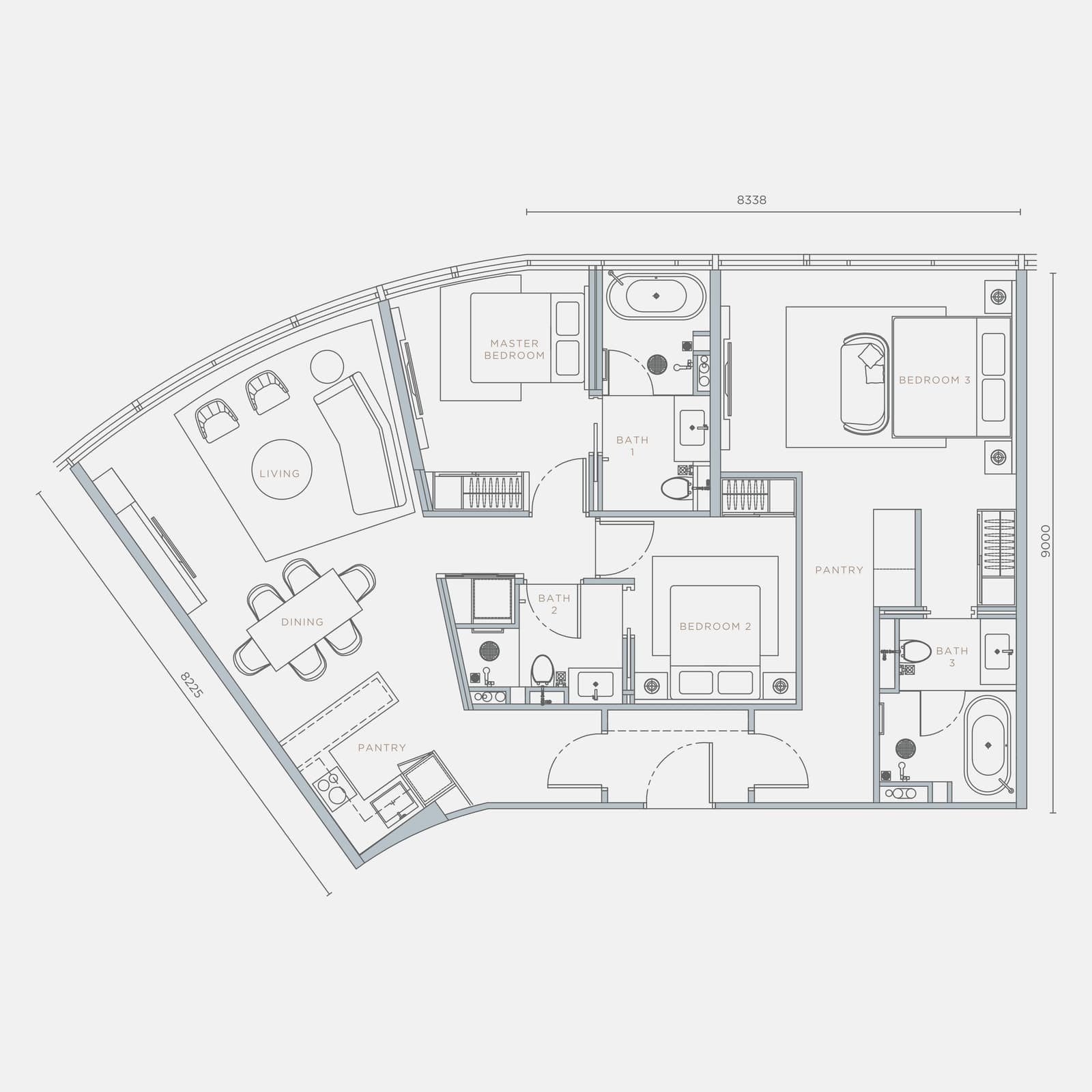Orion Residence Type D2 3 Bedrooms · Dual Key floor plan — 1,329 sq ft, 3 bedrooms · 3 bathrooms · dual key