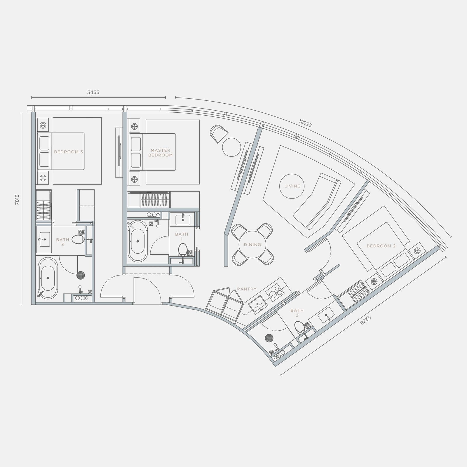 Orion Residence Type D3 3 Bedrooms · Dual Key floor plan — 1,230 sq ft, 3 bedrooms · 3 bathrooms · dual key