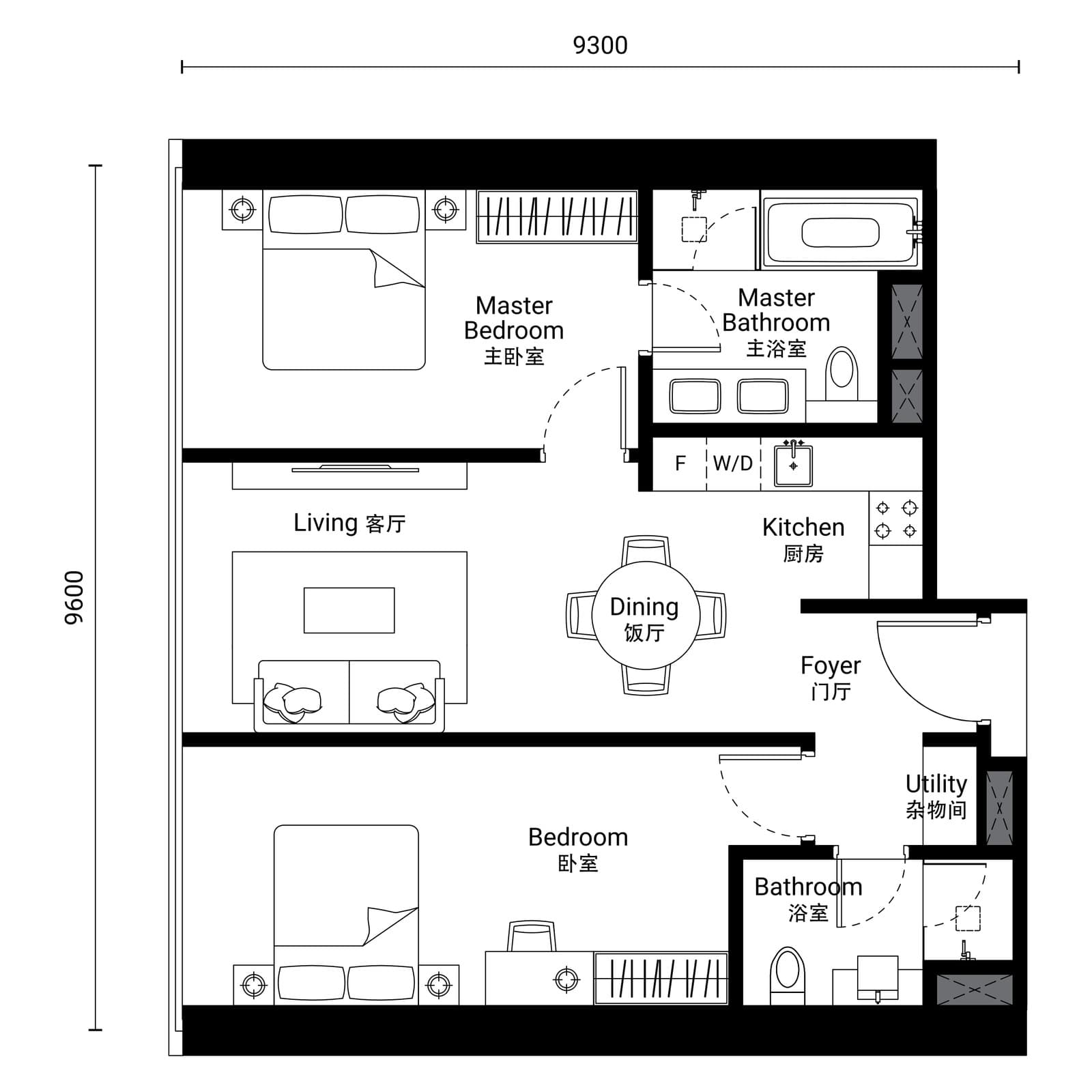 Oxley Towers SO/ Kuala Lumpur Residences Type D-1 floor plan — 903 sq ft, 2 bedrooms · 2 bathrooms