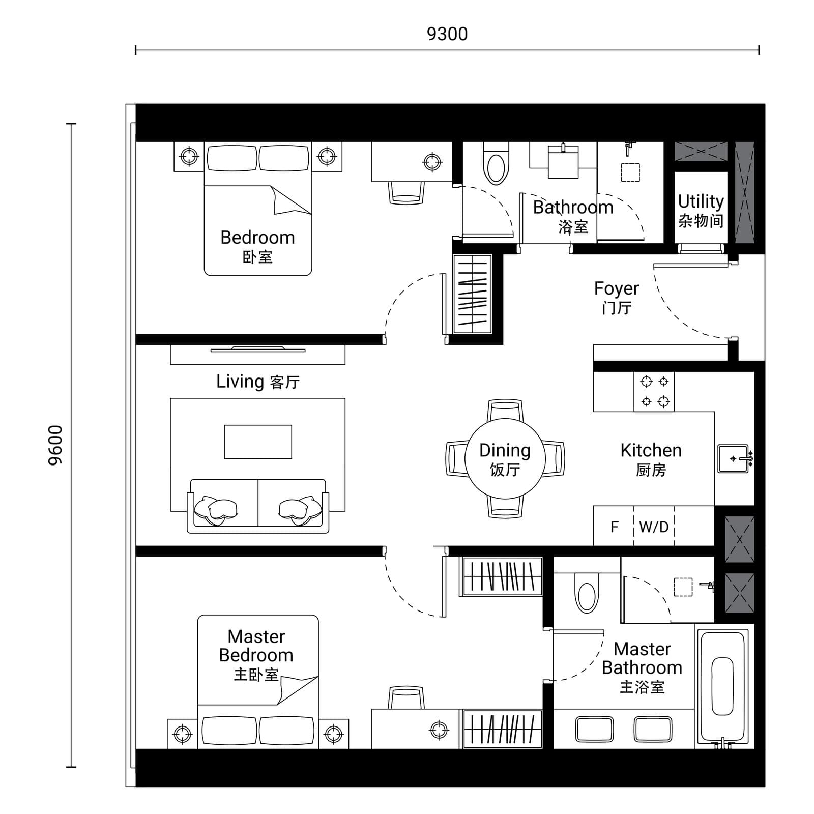 Oxley Towers SO/ Kuala Lumpur Residences Type D-2 floor plan — 956 sq ft, 2 bedrooms · 2 bathrooms