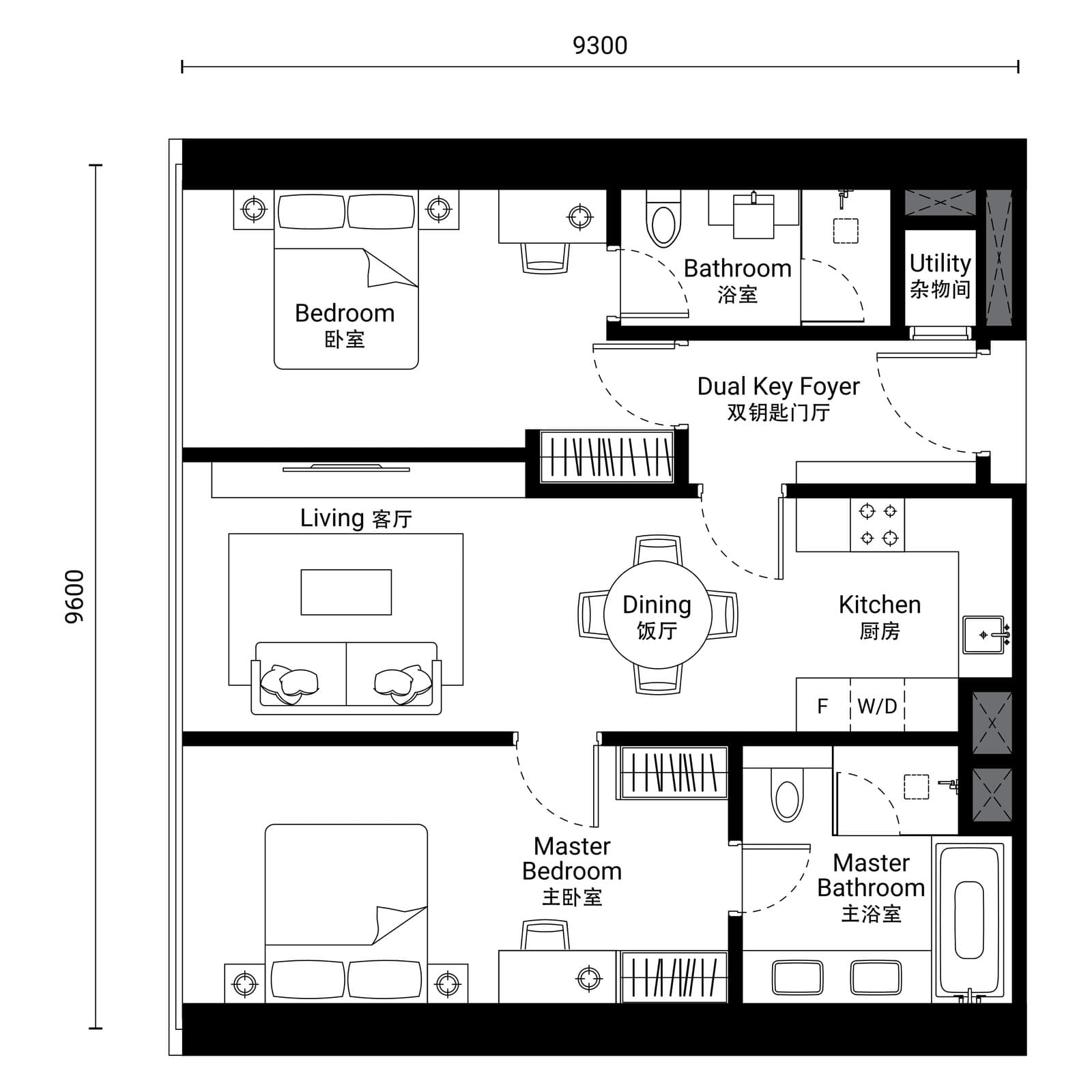 Oxley Towers SO/ Kuala Lumpur Residences Type D-3 floor plan — 956 sq ft, Dual key · 2 bedrooms · 2 bathrooms