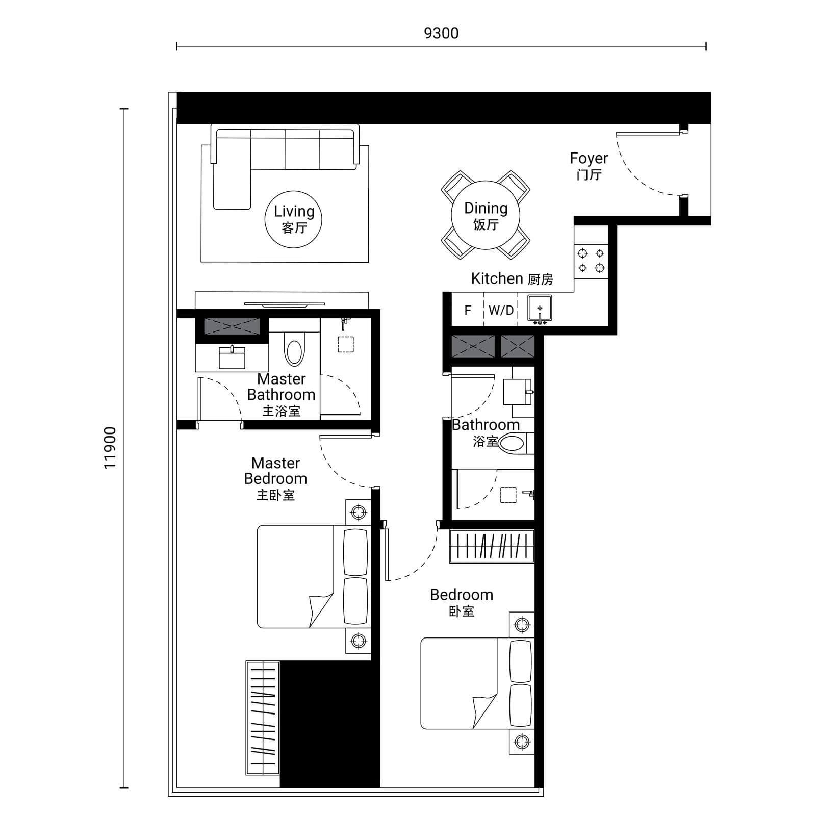 Oxley Towers SO/ Kuala Lumpur Residences Type D-5A floor plan — 894 sq ft, 2 bedrooms · 2 bathrooms