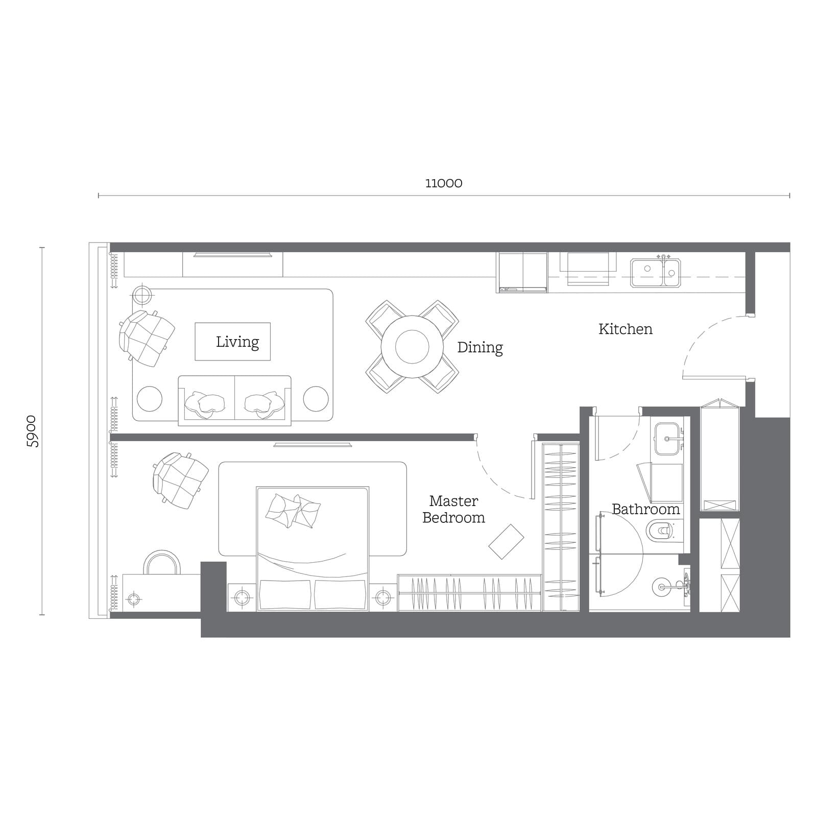 Jewel by Oxley KLCC Type A1 floor plan — 678 sq ft, 1 bedroom · 1 bathroom