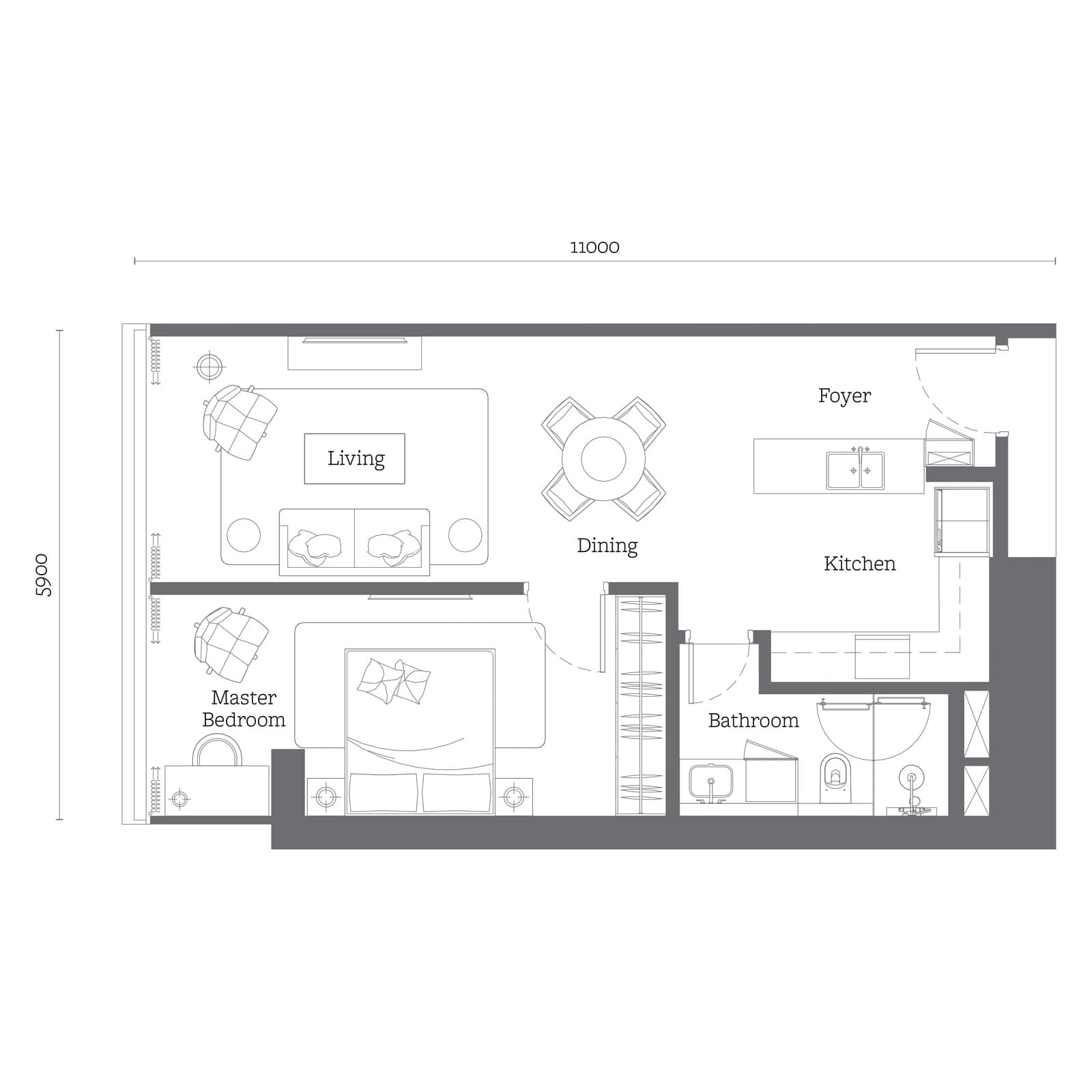 Jewel by Oxley KLCC Type B1 floor plan — 678 sq ft, 1 bedroom · 1 bathroom