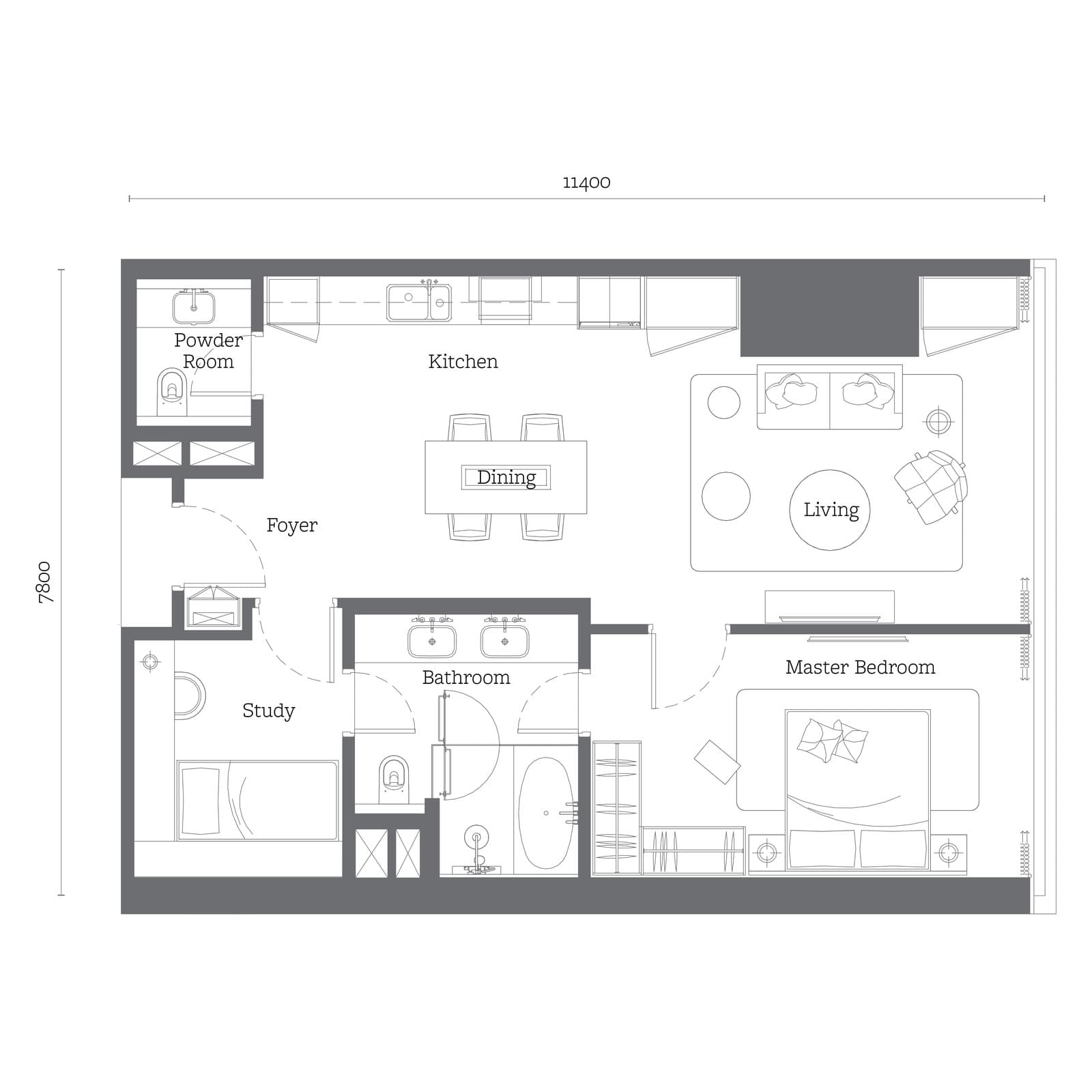 Jewel by Oxley KLCC Type C1 floor plan — 958 sq ft, 1+1 bedrooms · 1 bathroom + powder room
