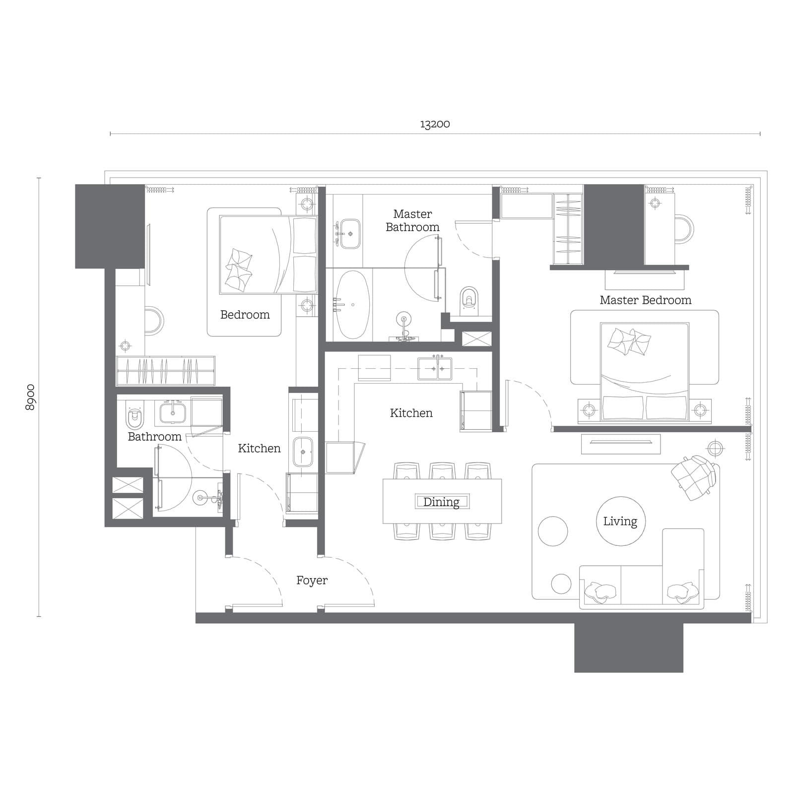 Jewel by Oxley KLCC Type D1 floor plan — 1,227 sq ft, 2 bedrooms, dual key · 2 bathrooms