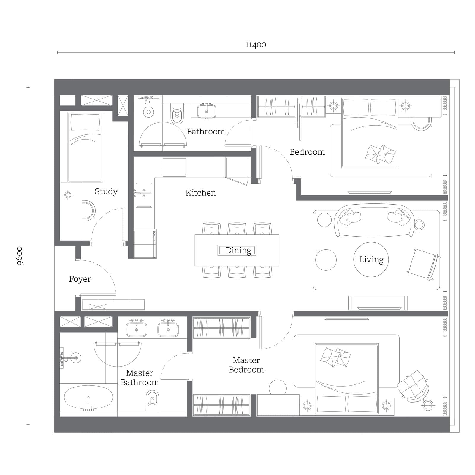 Jewel by Oxley KLCC Type D2 floor plan — 1,173 sq ft, 2+1 bedrooms · 2 bathrooms