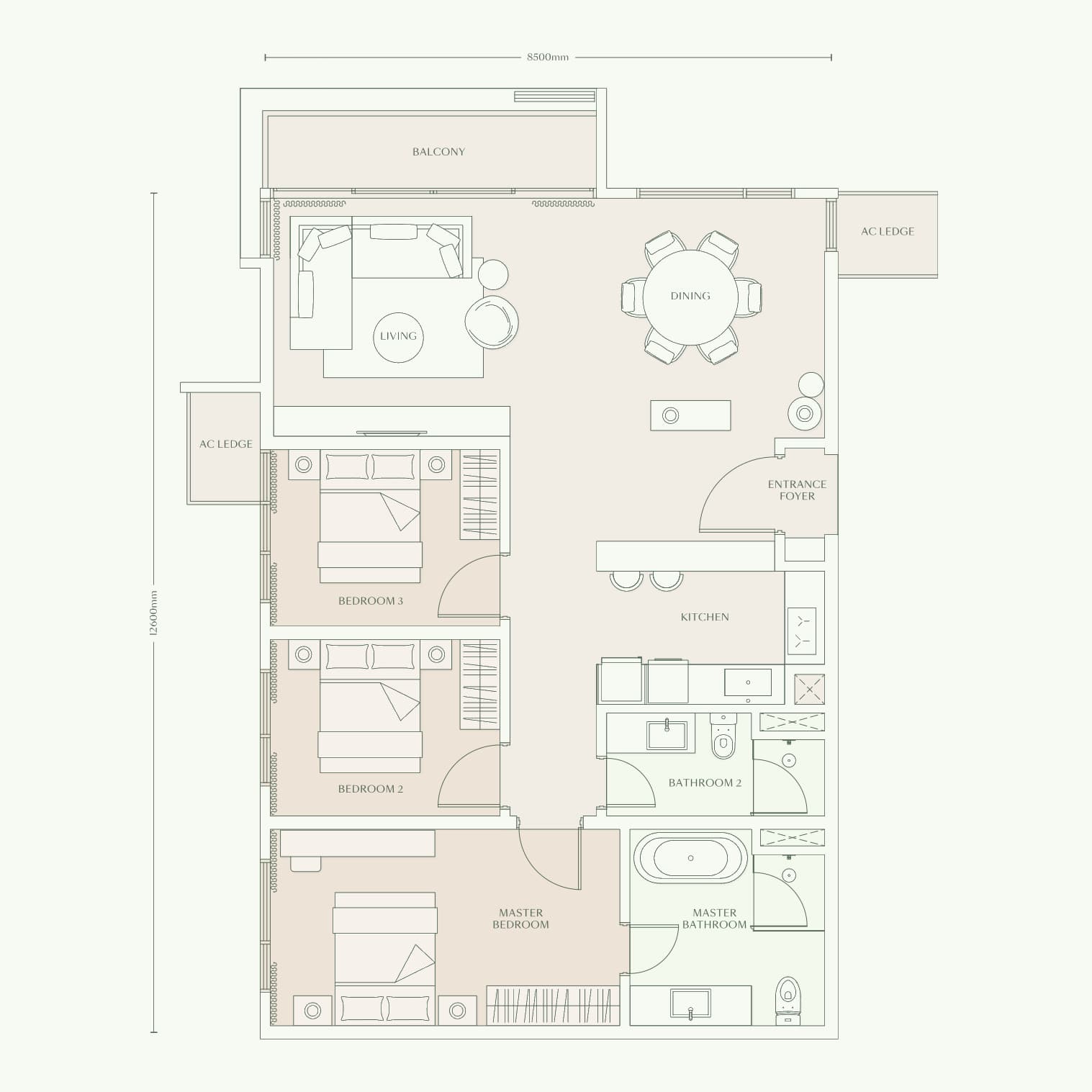 Parkside Residences Type E1 floor plan — 1,260 sq ft, 3 bedrooms · 2 bathrooms · balcony