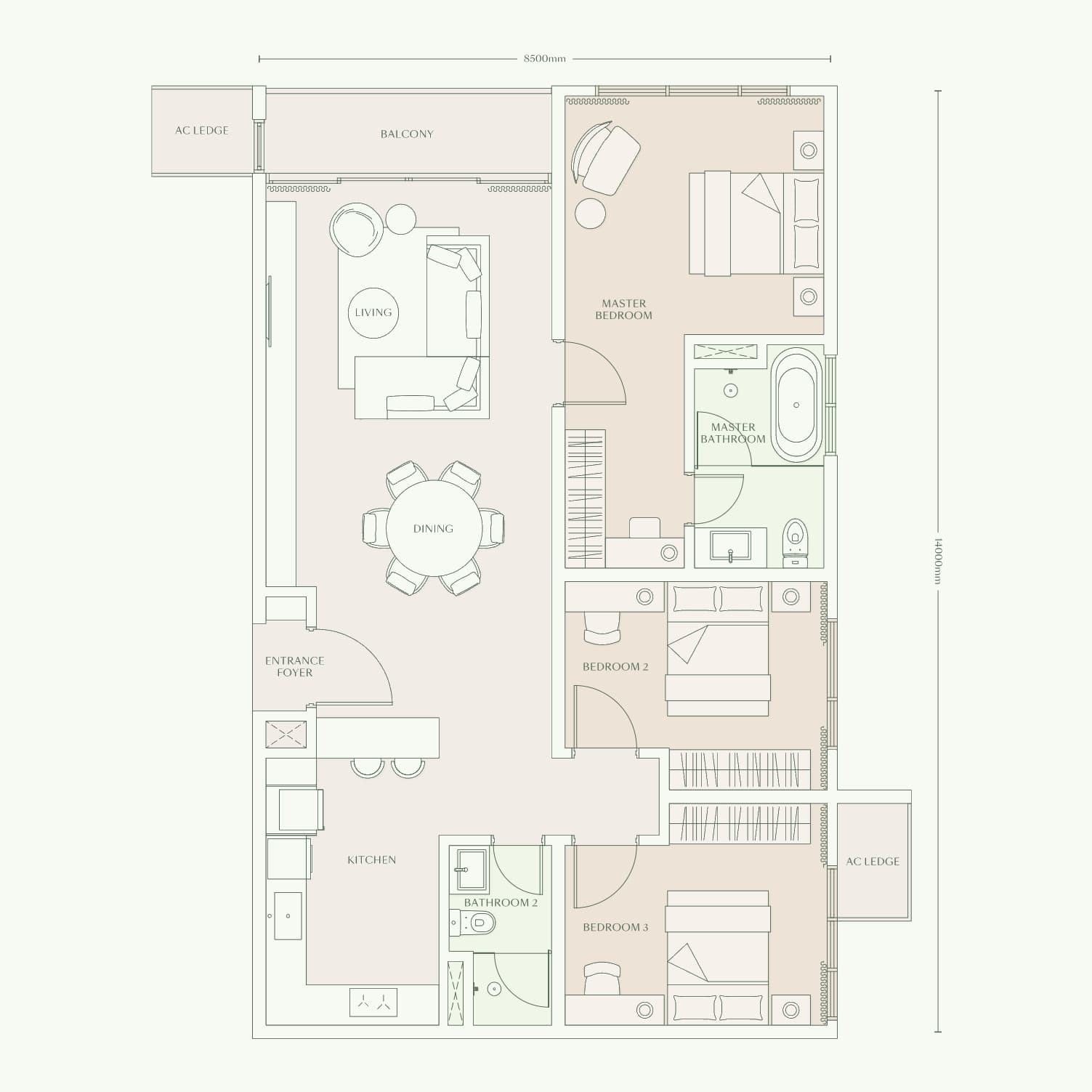 Parkside Residences Type E2 floor plan — 1,325 sq ft, 3 bedrooms · 2 bathrooms · balcony