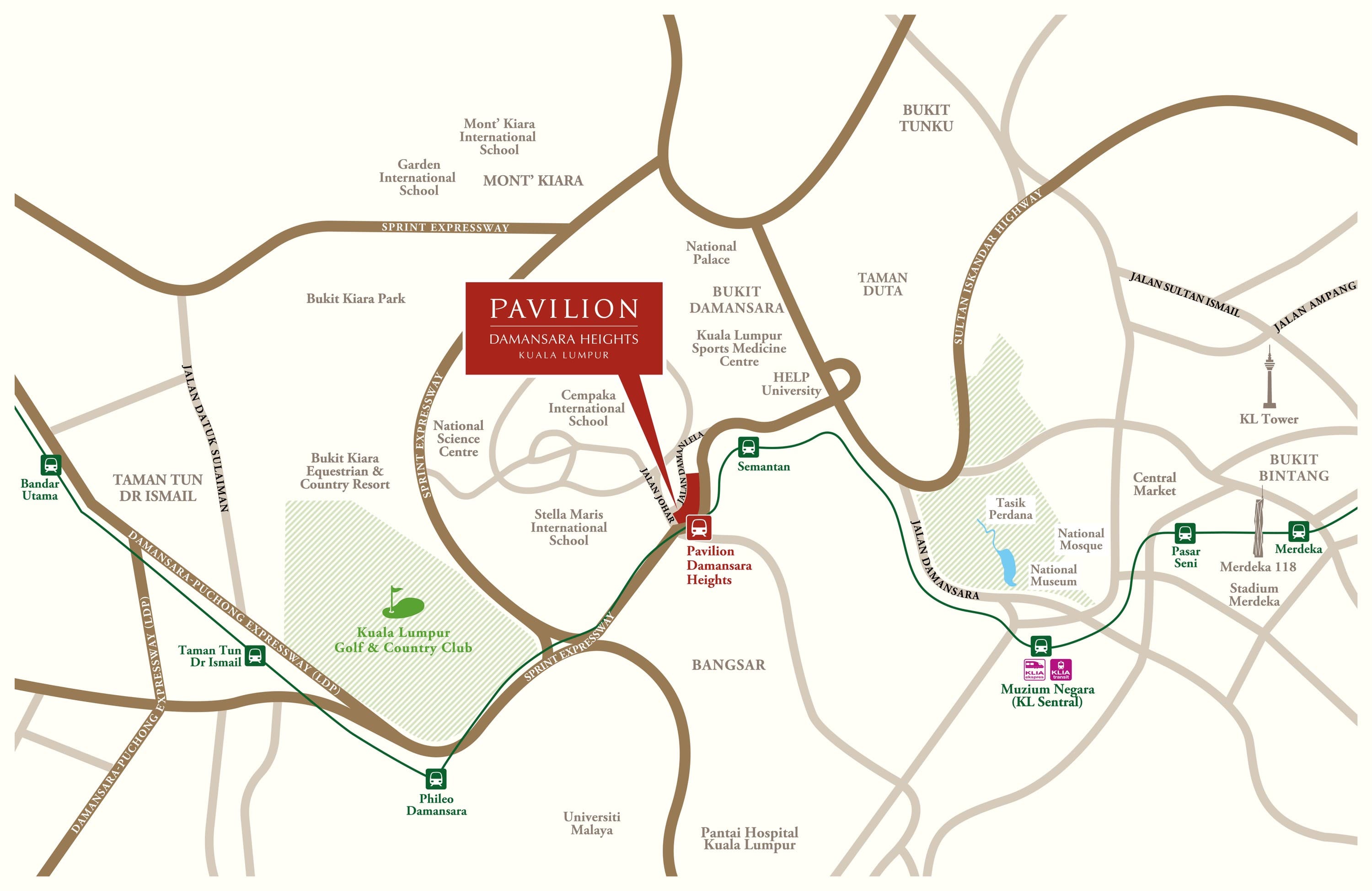 Pavilion Damansara Heights location map from the developer's brochure — the development marked in red on Jalan Damanlela between the SPRINT Expressway and Jalan Semantan, with the Semantan and Pavilion Damansara Heights MRT stations on the green Kajang line, Bukit Damansara and Taman Duta north-east, Mont' Kiara and its international schools north-west, the Kuala Lumpur Golf & Country Club and Bukit Kiara Equestrian & Country Resort west, Bangsar and Pantai Hospital Kuala Lumpur south, and Muzium Negara station by KL Sentral east